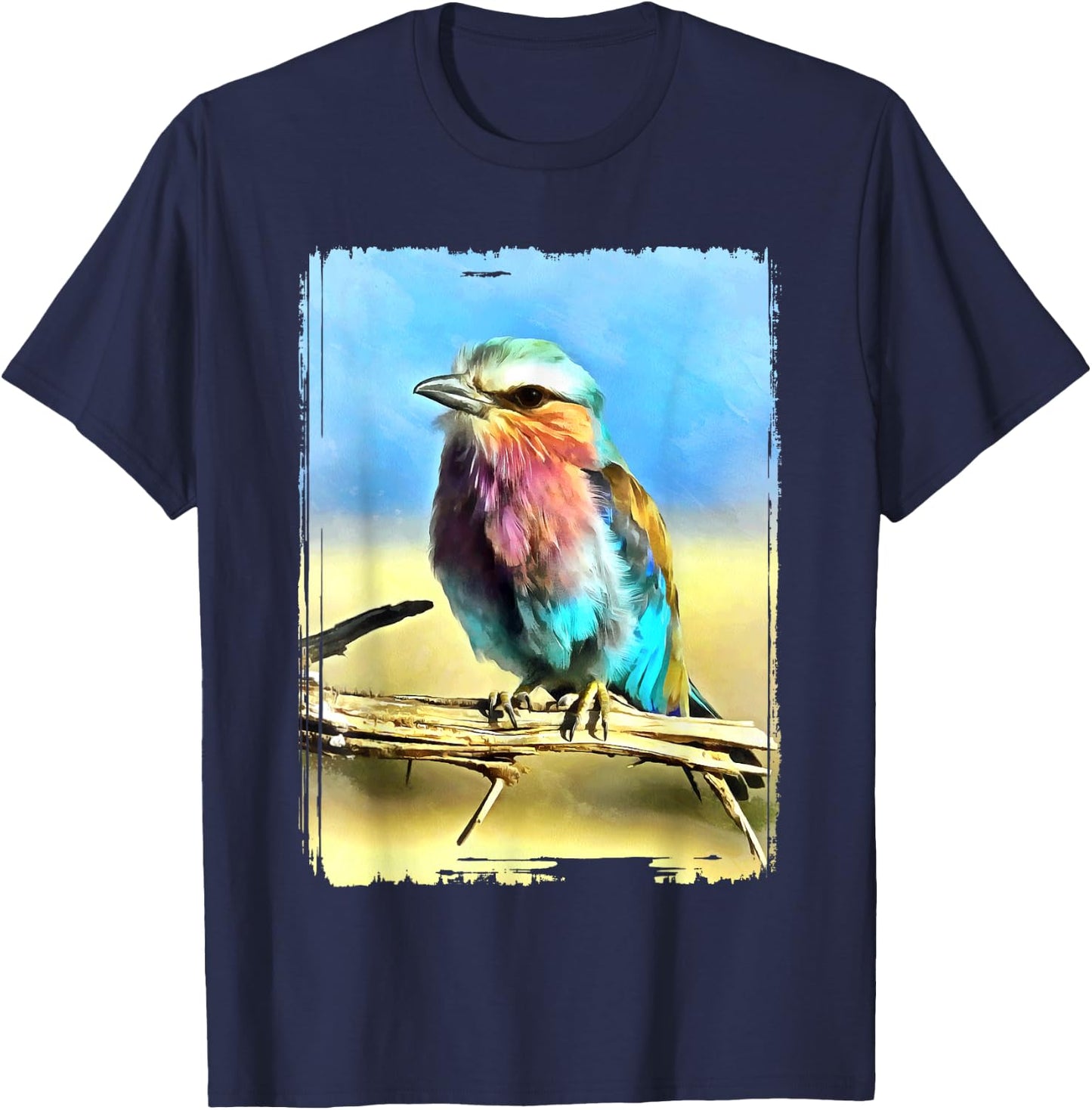 Colorful Bird Wildlife Nature Artistry Canvas Vibrant Lilac Breasted Roller Bird Painting Multicolor -Adult T-Shirt - T-Shirt | Navy