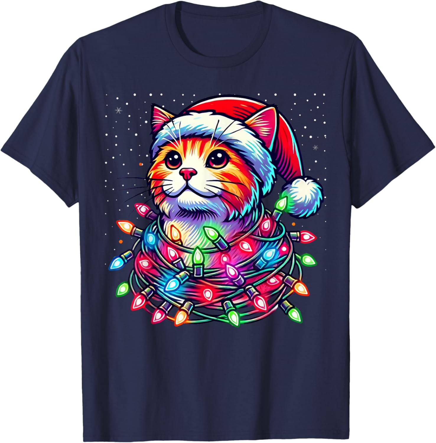 Santa Cat Tangled Up in Christmas Lights Funny Xmas Pajama T-Shirt - T-Shirt | Navy