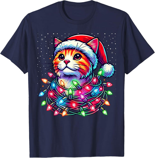 Santa Cat Tangled Up in Christmas Lights Funny Xmas Pajama T-Shirt - T-Shirt | Navy