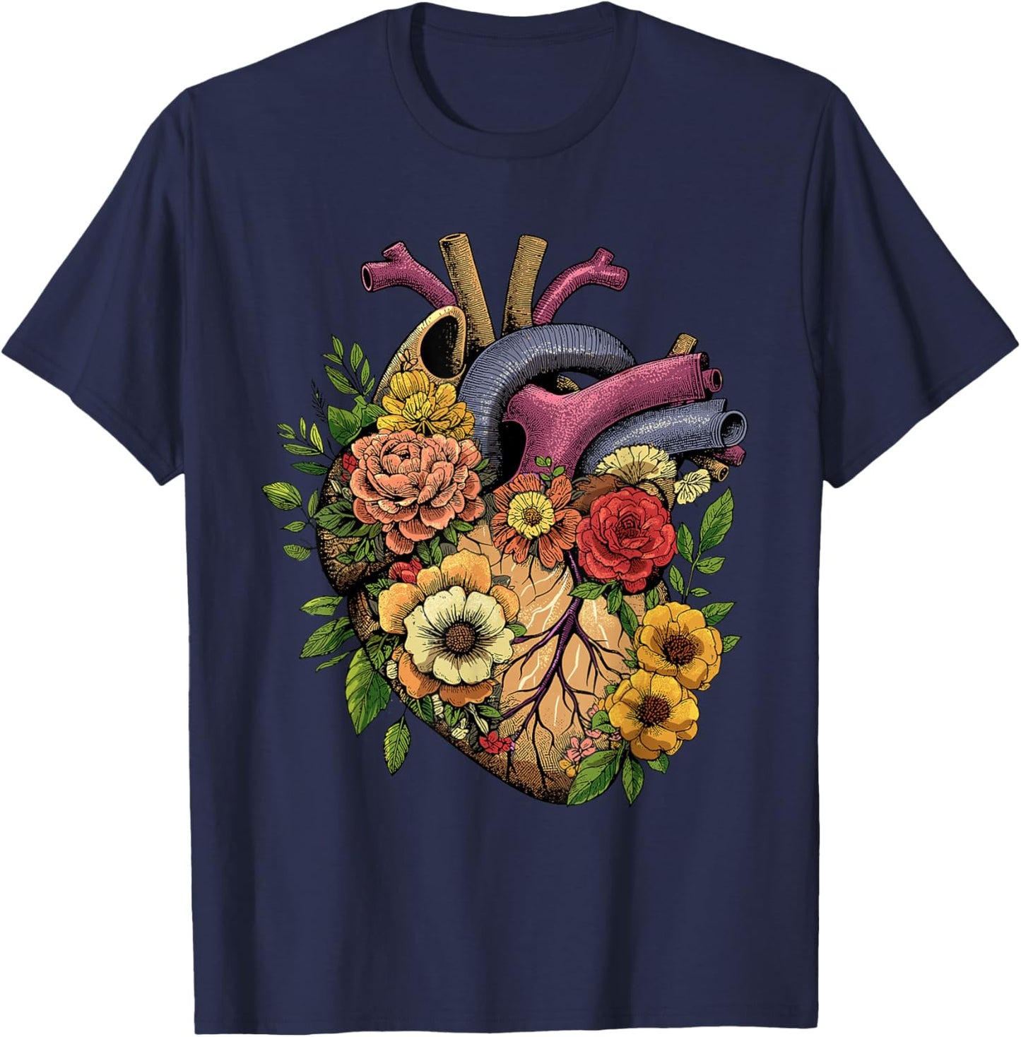 Anatomical Heart Shirt Floral Organ Cardiology Cardiac Nurse T-Shirt - T-Shirt | Navy