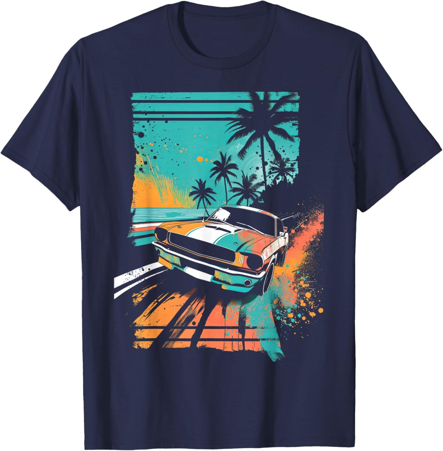 Vintage Car Teal Sunset Tropical Beach T-Shirt - T-Shirt | Navy