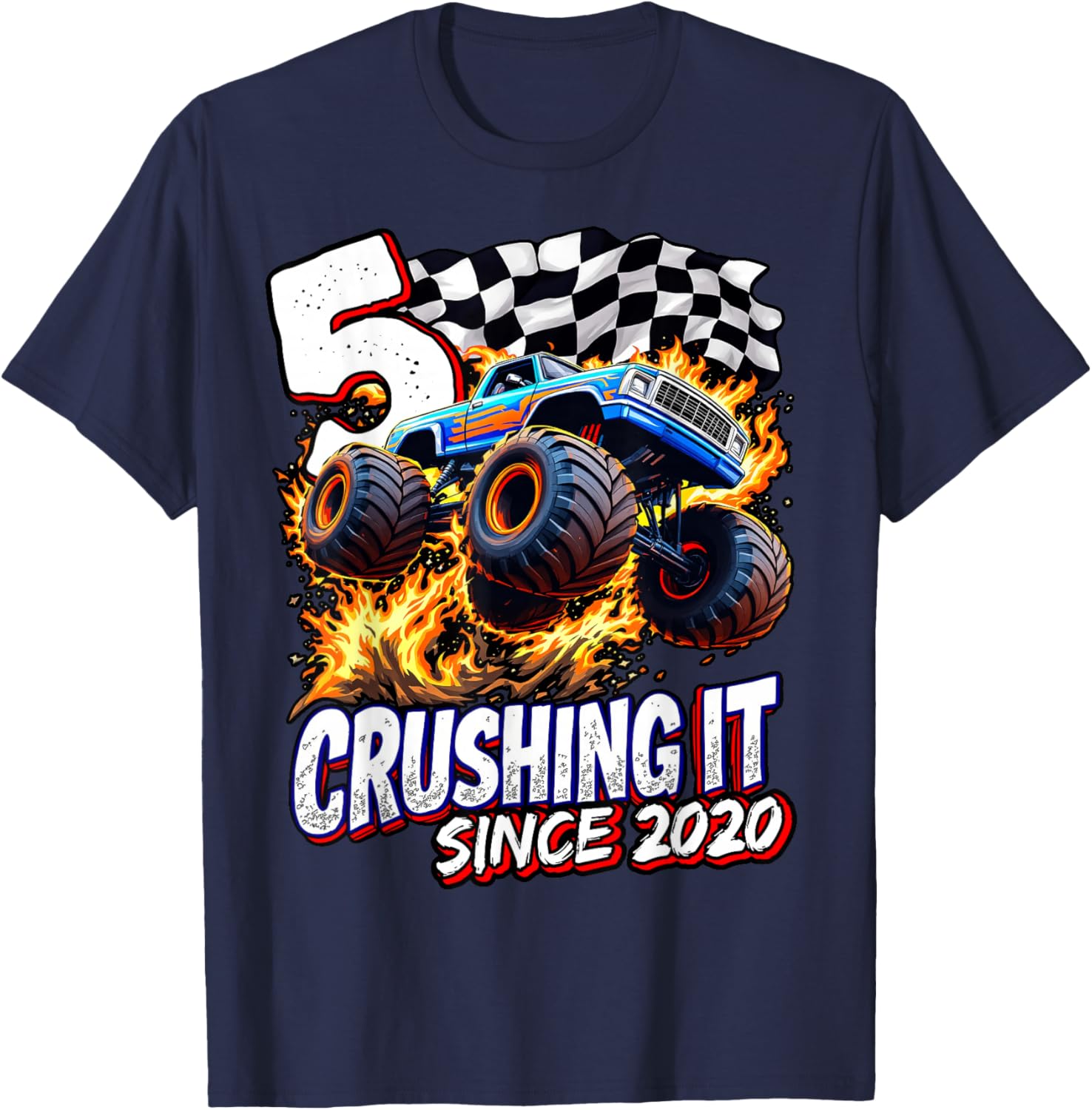 Birthday Monster Truck 5 year Old Boys 5th Party Born 2020 T-Shirt - T-Shirt | Navy