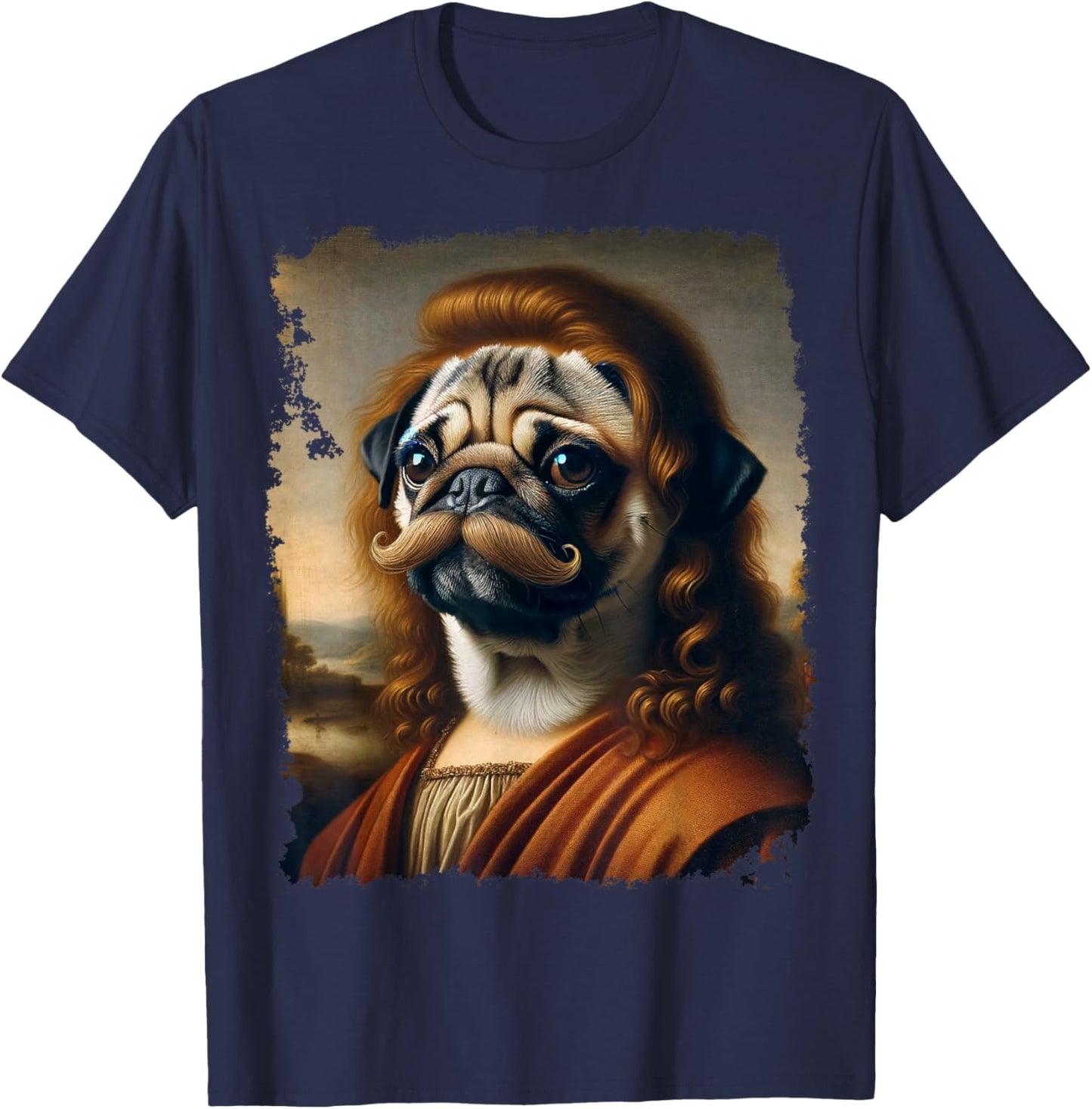 Renaissance Painting Pug Dog Mustache T-Shirt - T-Shirt | Navy