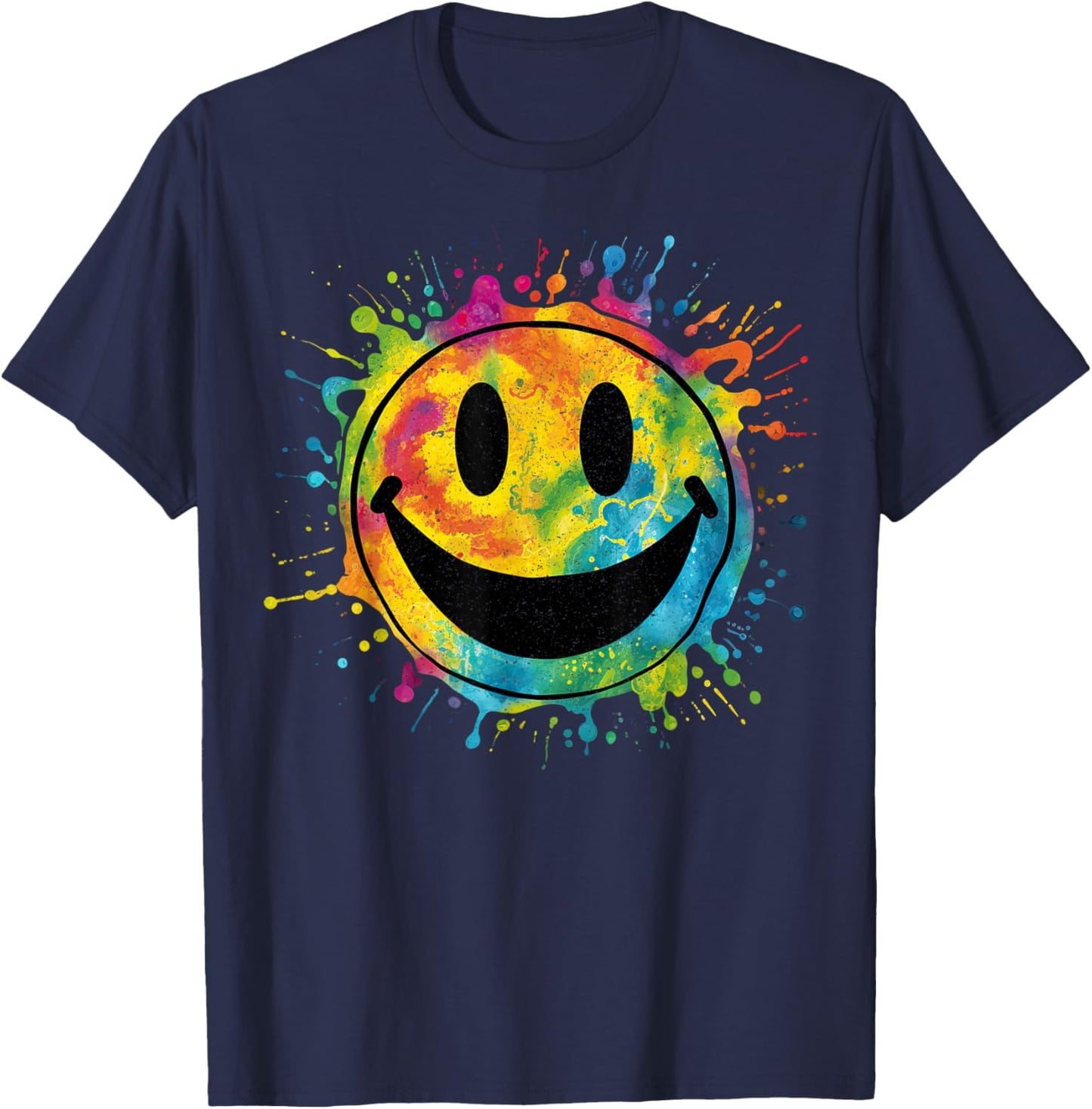 Retro Happy Face Rainbow Tie-dye Splatter – 70s Peace Smile T-Shirt - T-Shirt | Navy