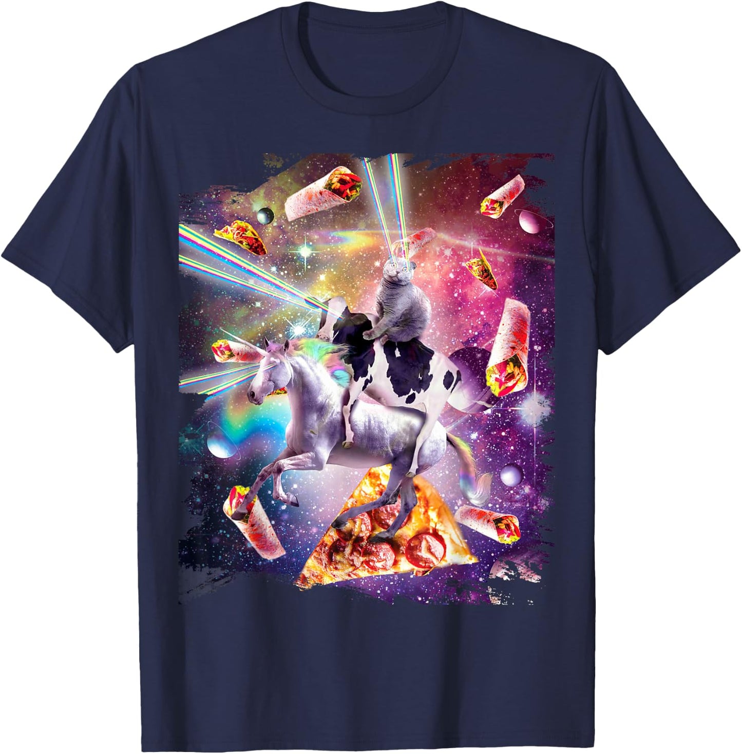 Laser Eye Space Cat on Cow Unicorn - Rainbow T-Shirt - T-Shirt | Navy
