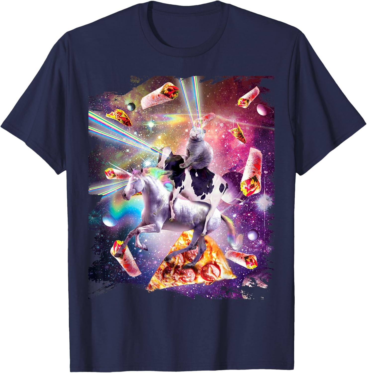 Laser Eye Space Cat on Cow Unicorn - Rainbow T-Shirt - T-Shirt | Navy