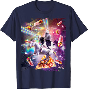 Laser Eye Space Cat on Cow Unicorn - Rainbow T-Shirt - T-Shirt | Navy