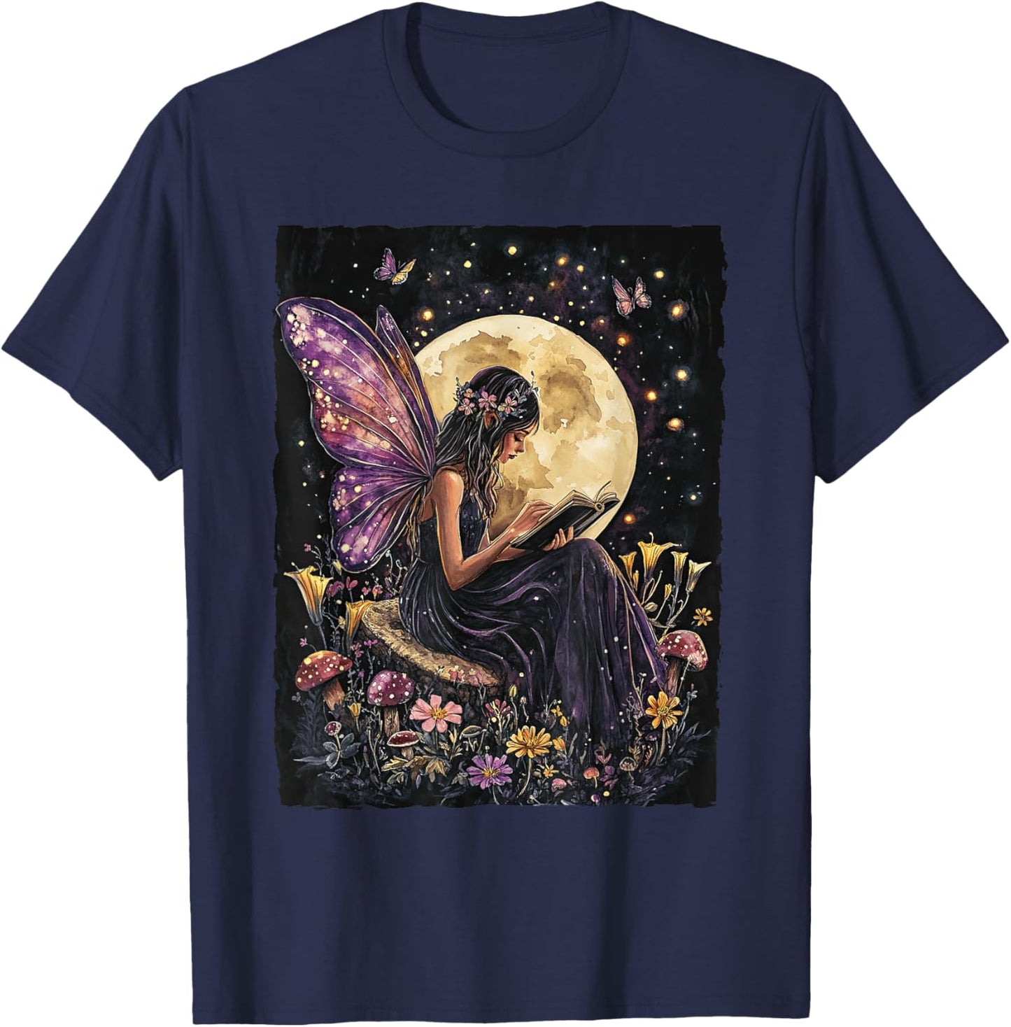 Whimsical Book Fairy Reading Bookish Fairycore T-Shirt - T-Shirt | Navy