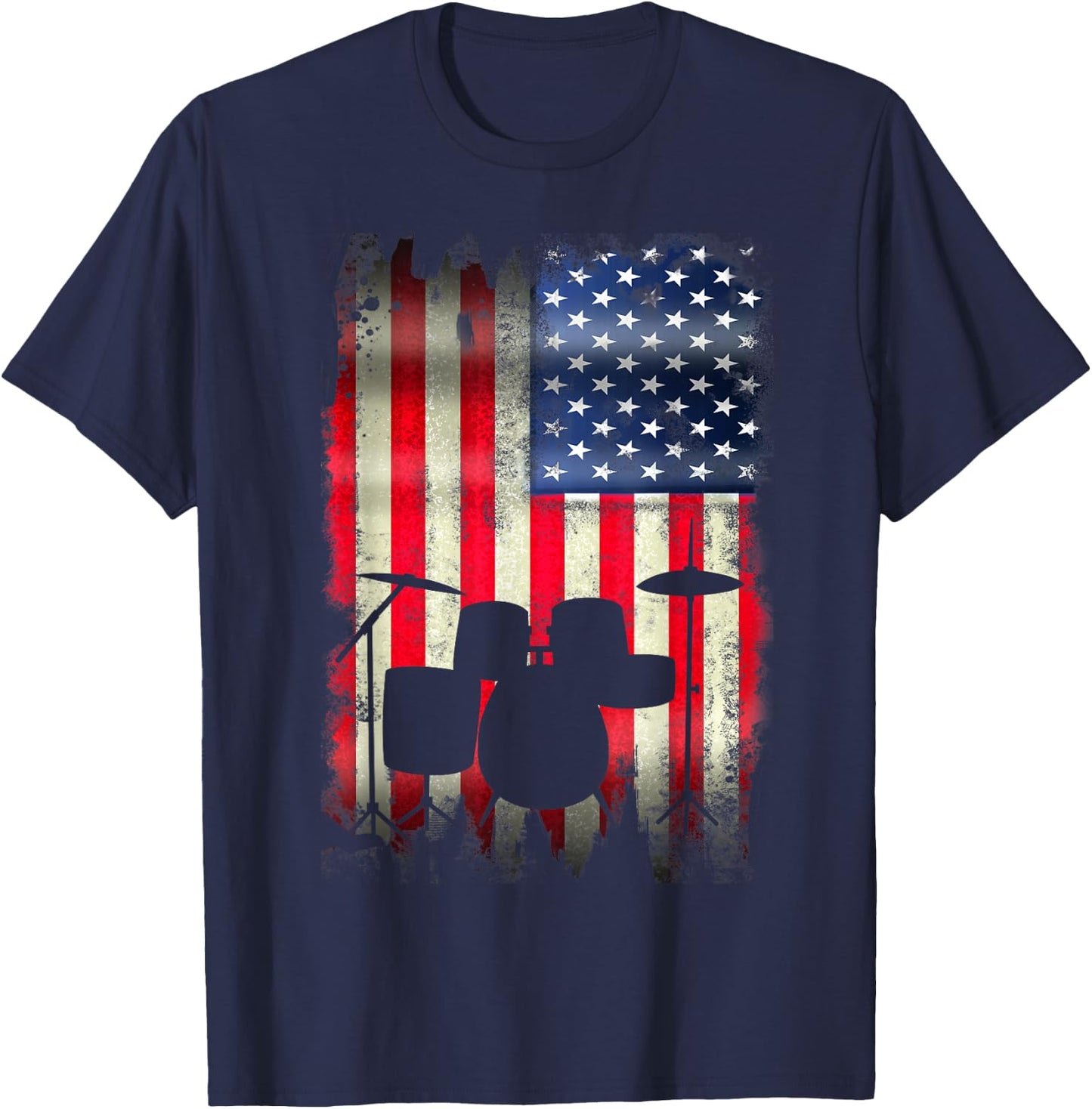 Drum Set USA American Flag 4th of July Patriotic Drummer T-Shirt - T-Shirt | Navy