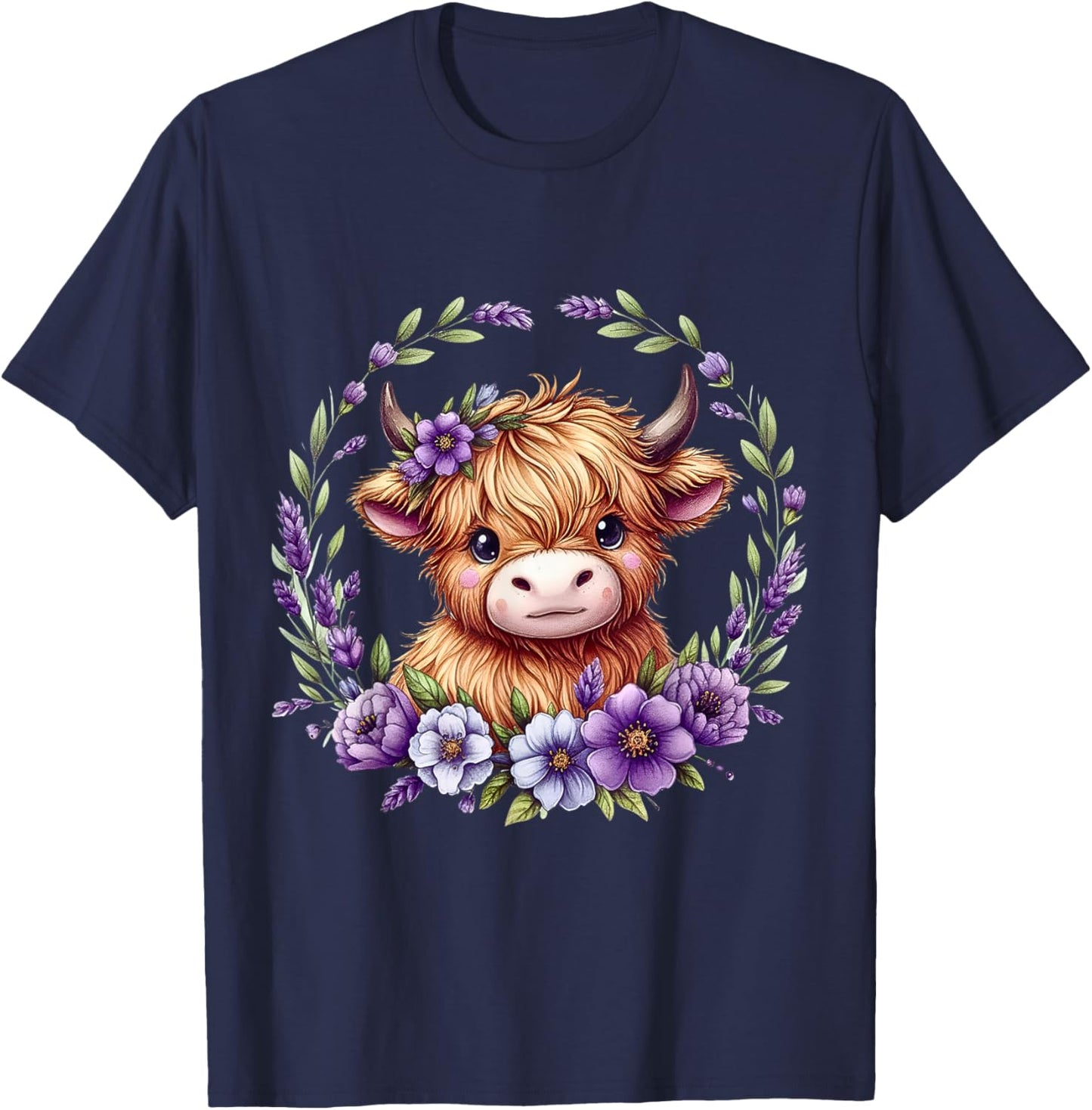 Baby Highland Cow with Purple Flowers Scottish Farm T-Shirt - T-Shirt | Navy