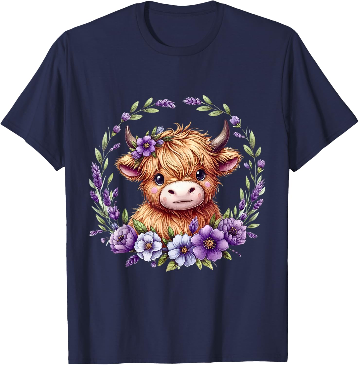 Baby Highland Cow with Purple Flowers Scottish Farm T-Shirt - T-Shirt | Navy