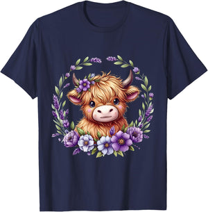 Baby Highland Cow with Purple Flowers Scottish Farm T-Shirt - T-Shirt | Navy