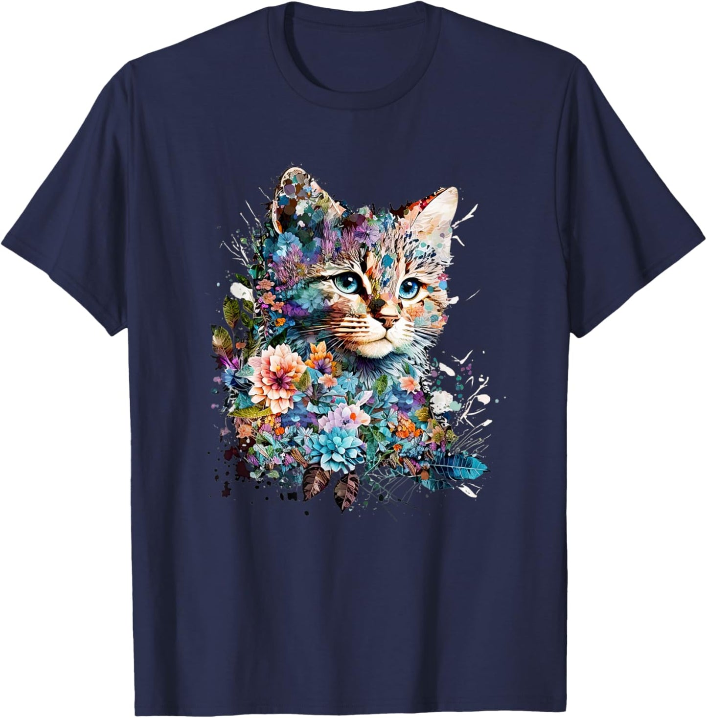 Cute Cat Motif Cat With Flowers Cat T-Shirt - T-Shirt | Navy