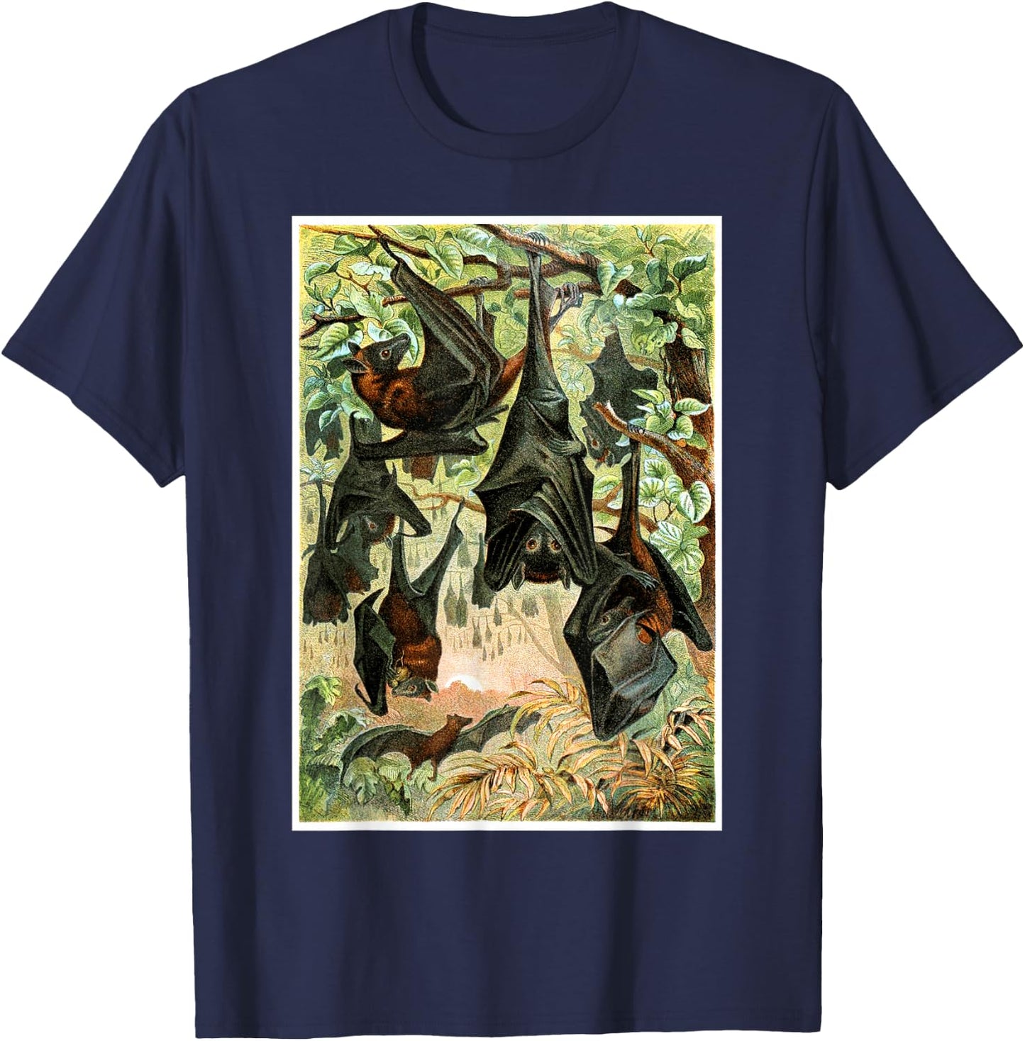Flying Foxes Bats Hanging Bat Vintage Animal Illustration T-Shirt - T-Shirt | Navy