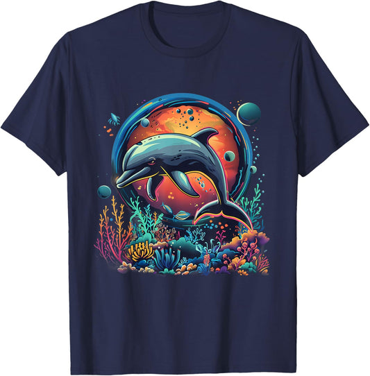 Dolphin Ocean Sea Animal Lover Artwork Sea Ocean Dolphin T-Shirt - T-Shirt | Navy