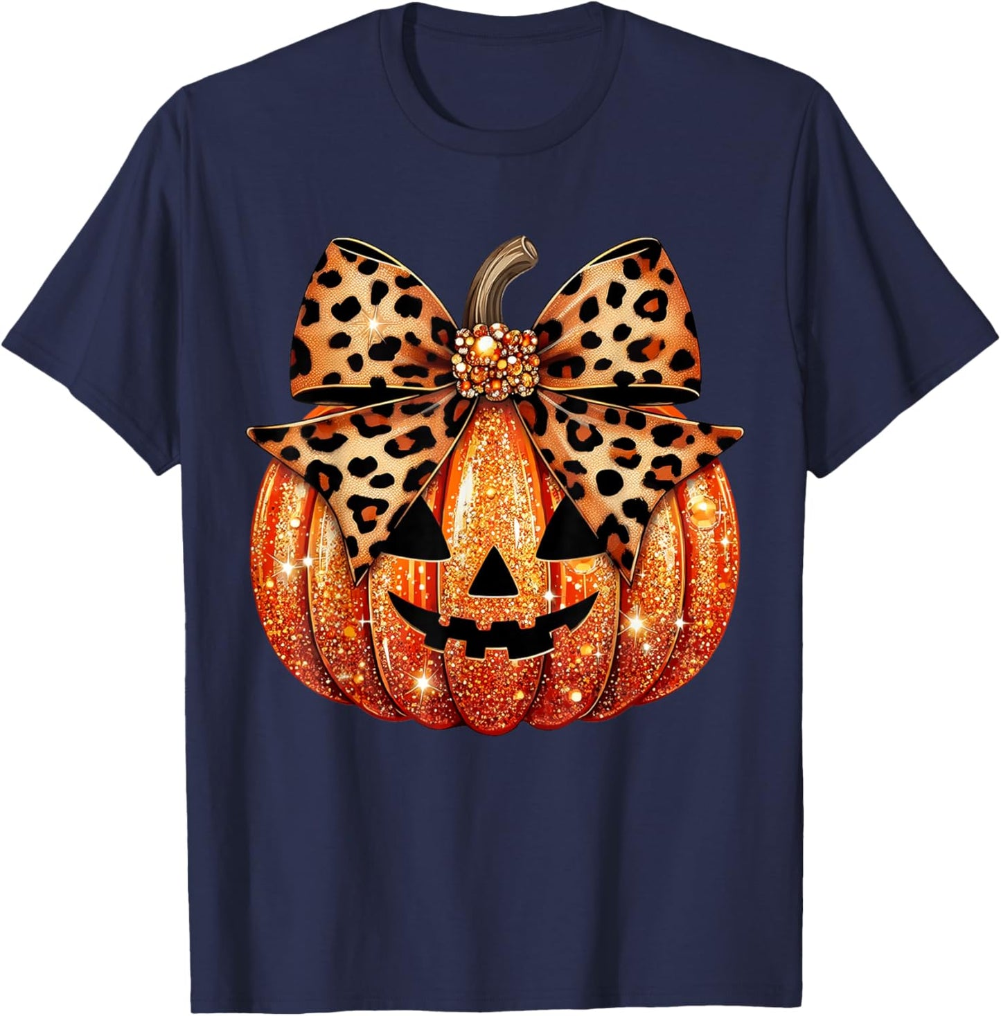 Leopard Coquette Bow Pumpkin Sparkly Pumpkin T-Shirt - T-Shirt | Navy