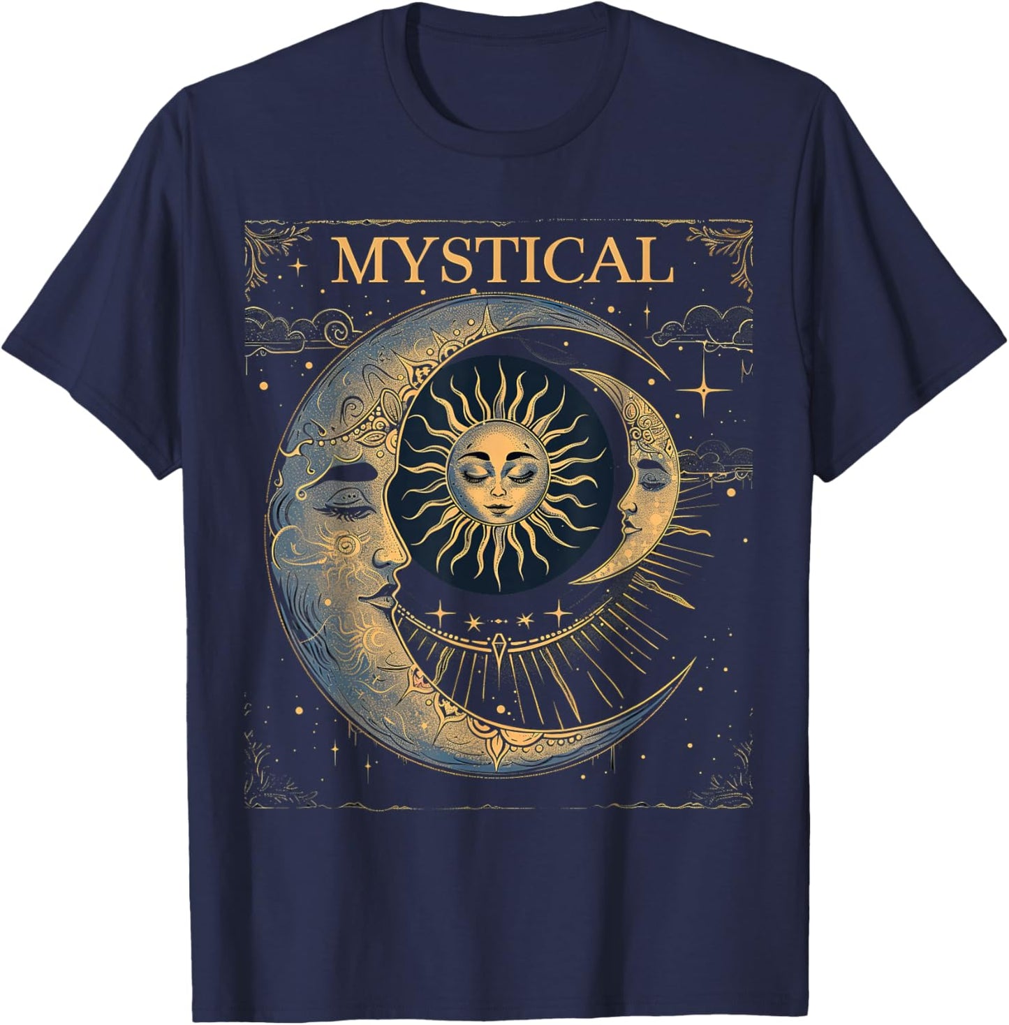 Mystical Sun and Moon Woman Mystic Flowers Aesthetic T-Shirt - T-Shirt | Navy
