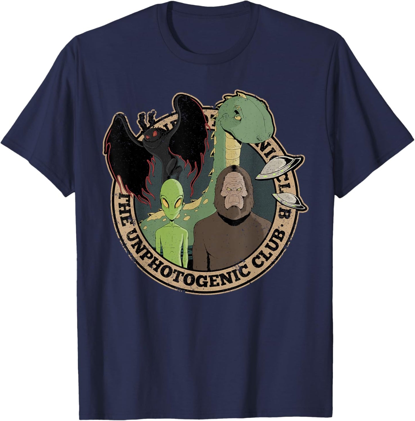 Unphotogenic Club Cryptid Alien Bigfoot Mothman Loch Ness T-Shirt - T-Shirt | Navy