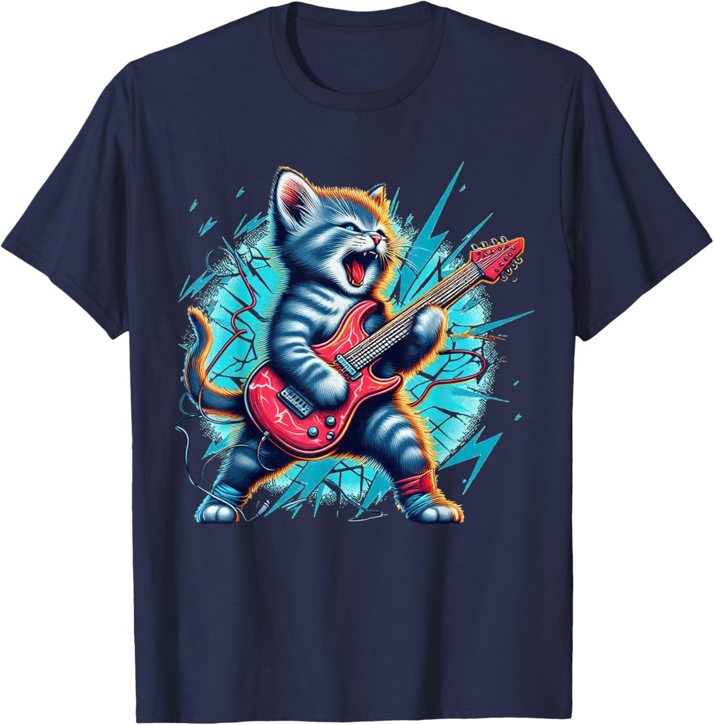 Rockstar Kitten Cute Cat playing Guitar Adorable Music Art T-Shirt - T-Shirt | Navy