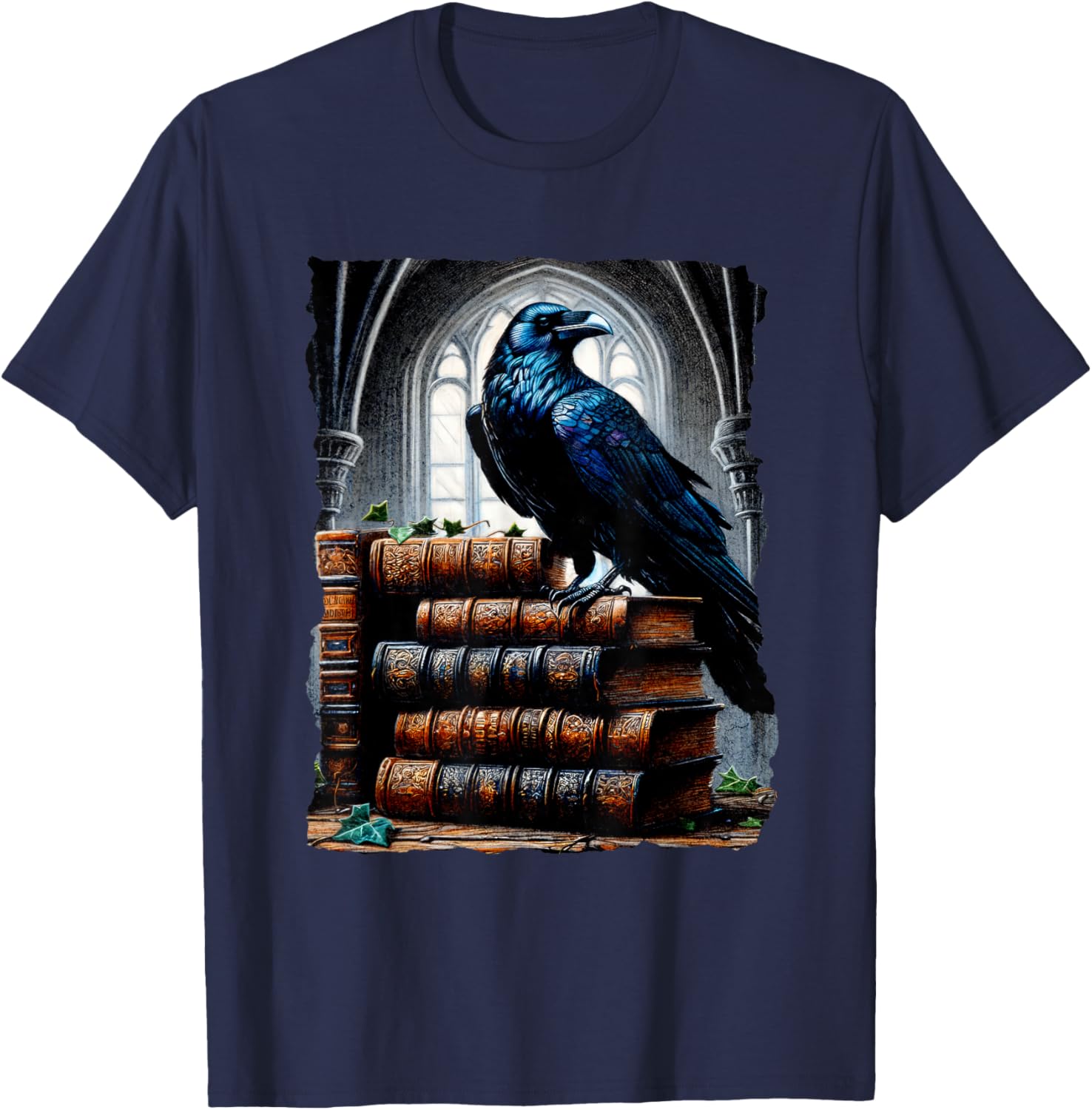 Raven On A Stack Of Books - Wisdom Of Odin T-Shirt - T-Shirt | Navy