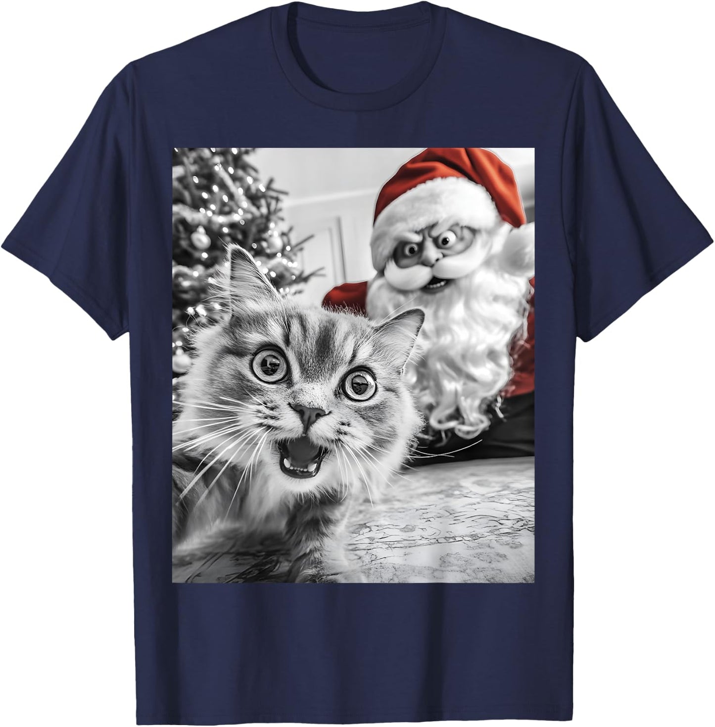 Funny Cat Selfie With Santa Christmas Men Women T-Shirt - T-Shirt | Navy