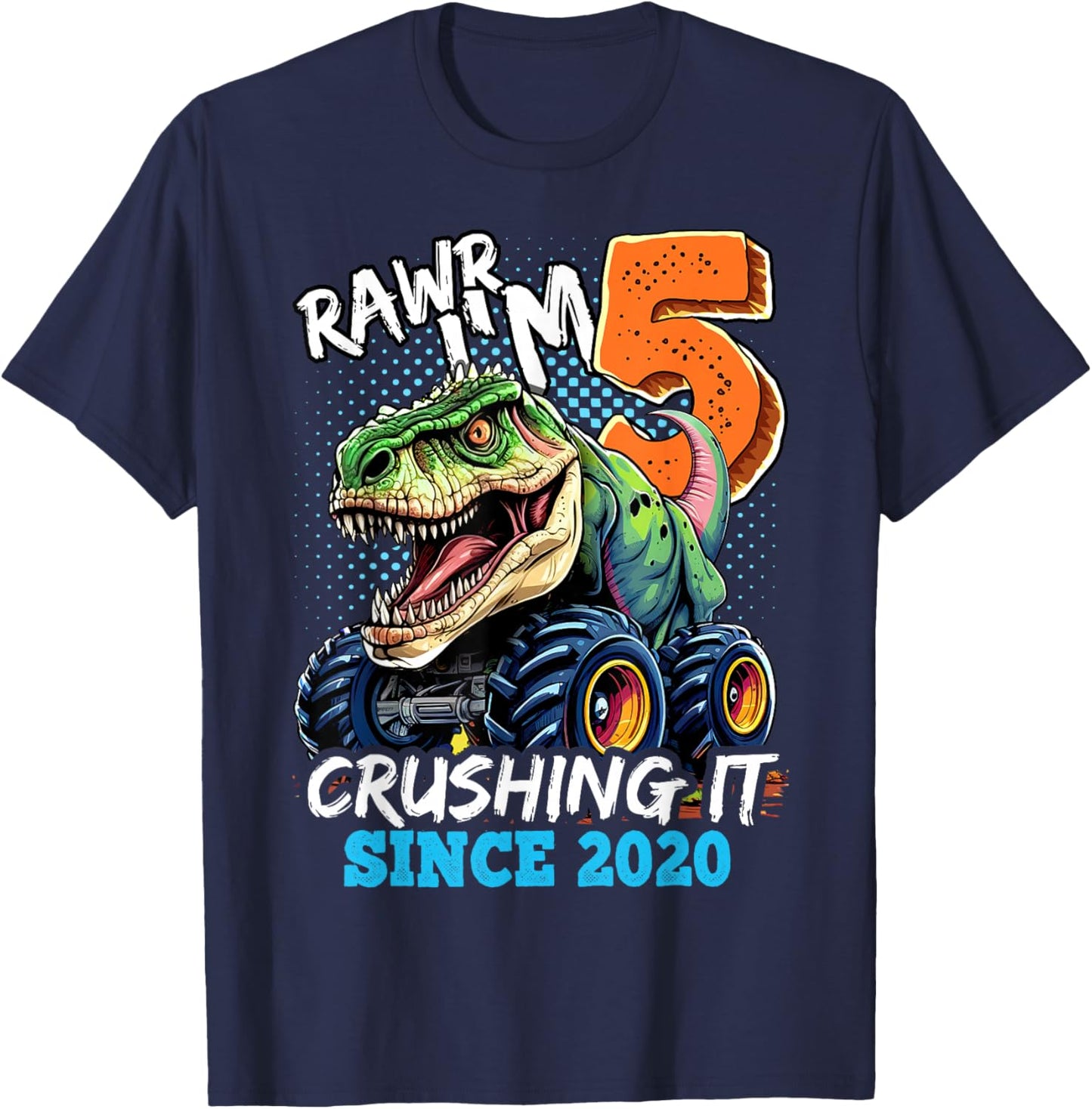 5th Birthday Monster Truck Dinosaur Party Boys Rawr I'm 5 T-Shirt - T-Shirt | Navy