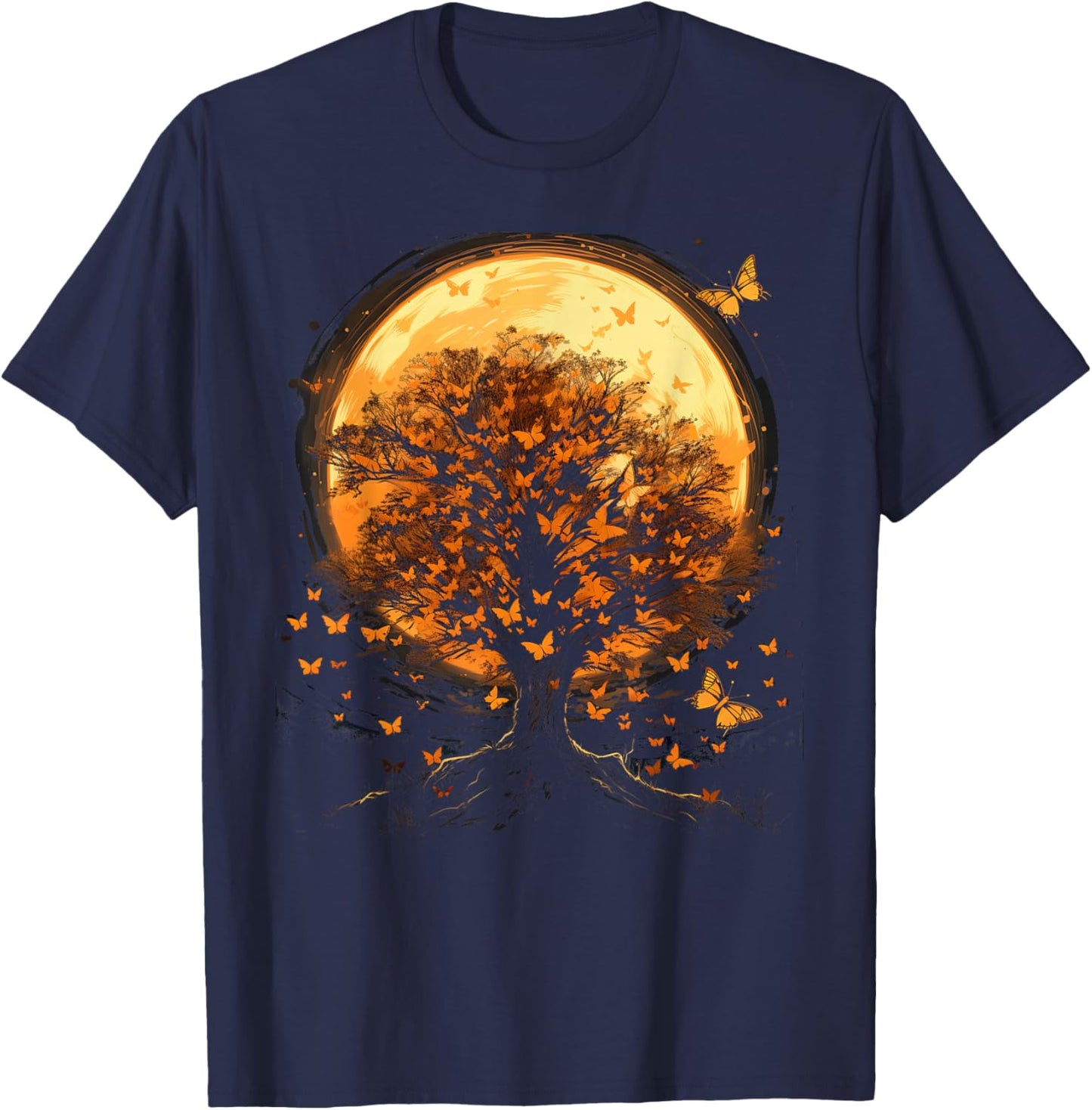 Fall Autumn falling leaves with Tree and Butterfly T-Shirt - T-Shirt | Navy