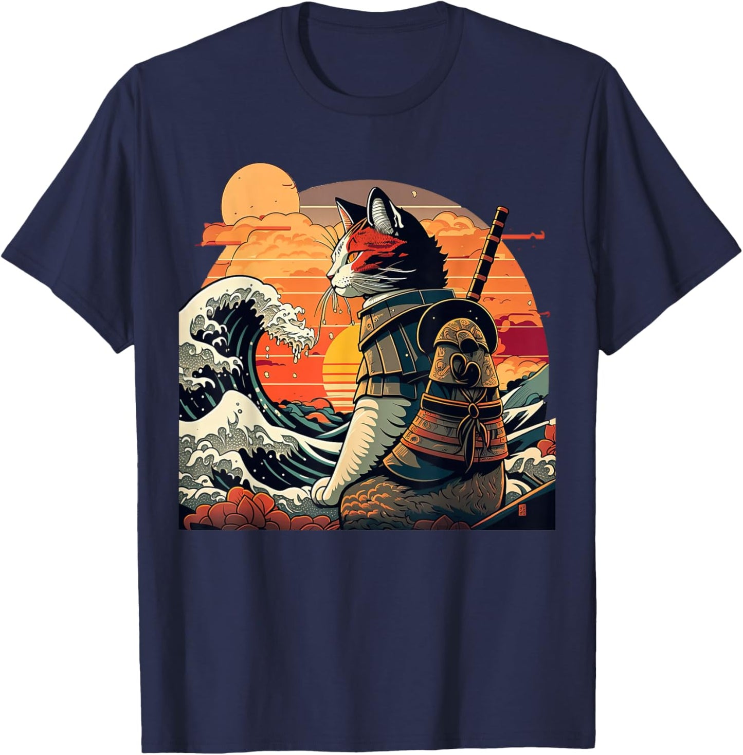Japanese Retro Samurai cat The Great Wave by Hokusai T-Shirt - T-Shirt | Navy