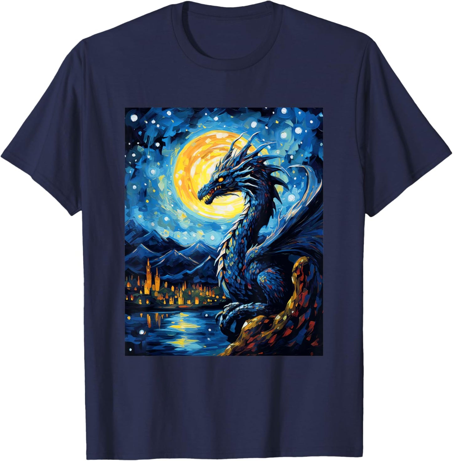 Dragon Starry Night Van Gogh Dragon Lover Art T-Shirt - T-Shirt | Navy