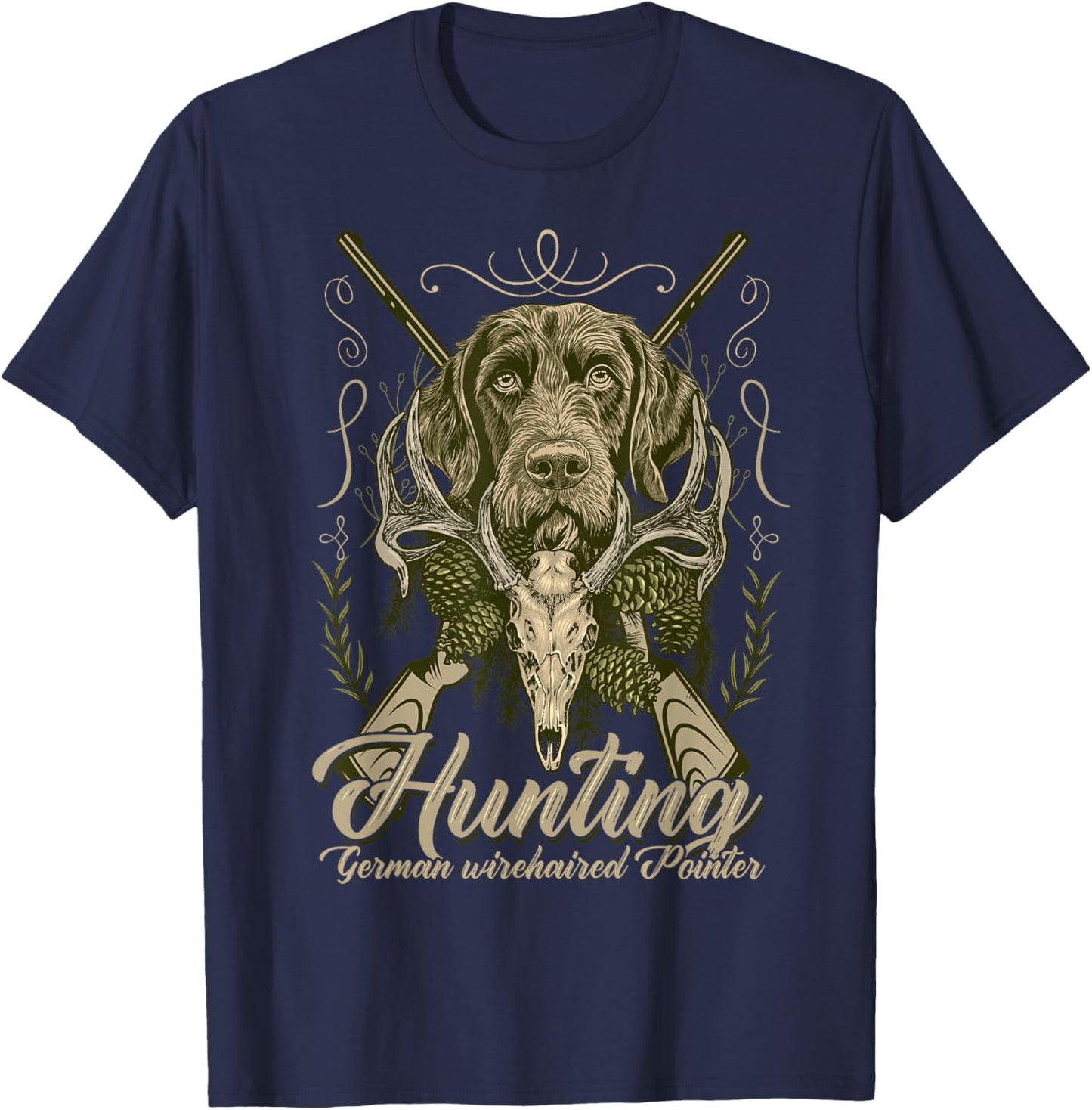 German Wirehair Pointer Dog Breed Clothing Gifts German Wirehaired Pointer Deutsch Drahthaar Hunting Black Small Classic Fit Cotton Blend Short Sleeve -Adults Men, Boys T-Shirt - T-Shirt | Navy