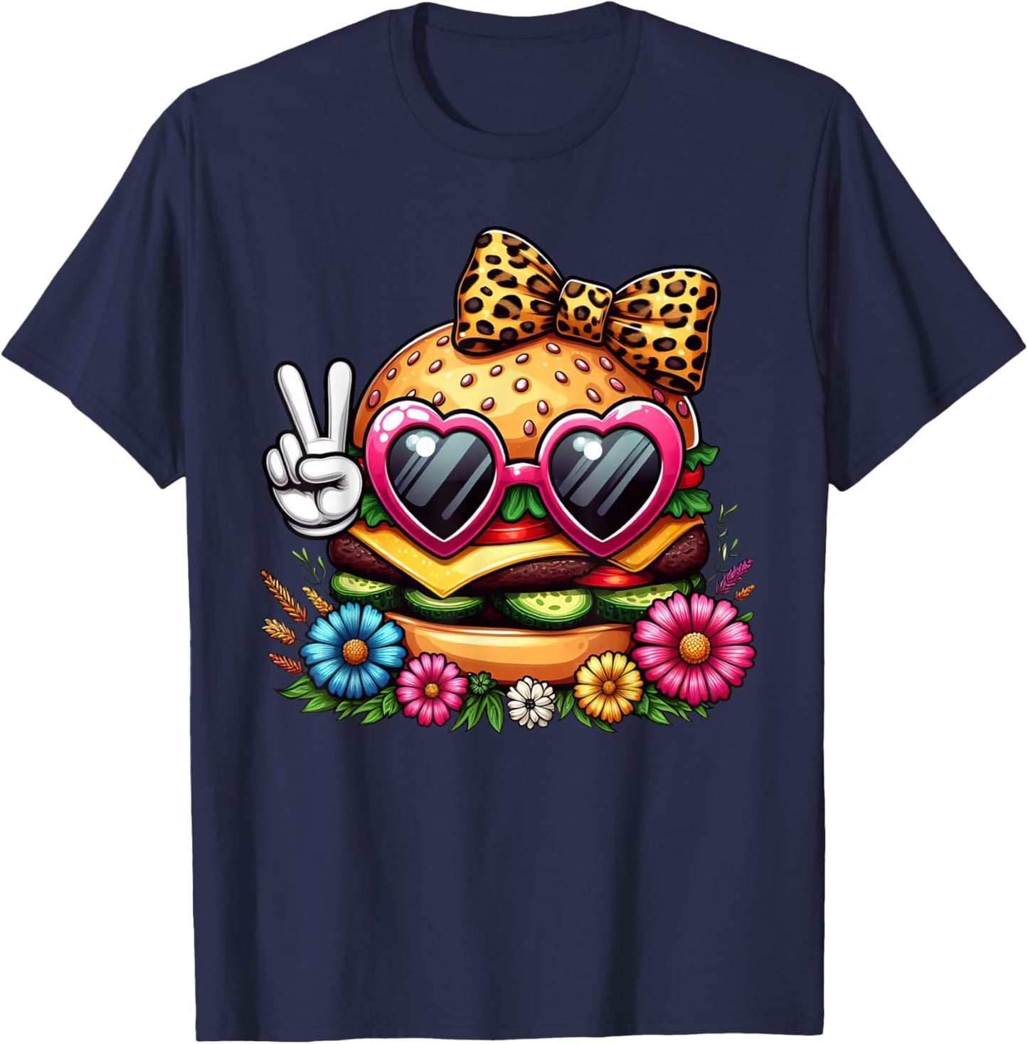 Funny Peace Hand Hamburger Mom Mothers Day Hamburger T-Shirt - T-Shirt | Navy