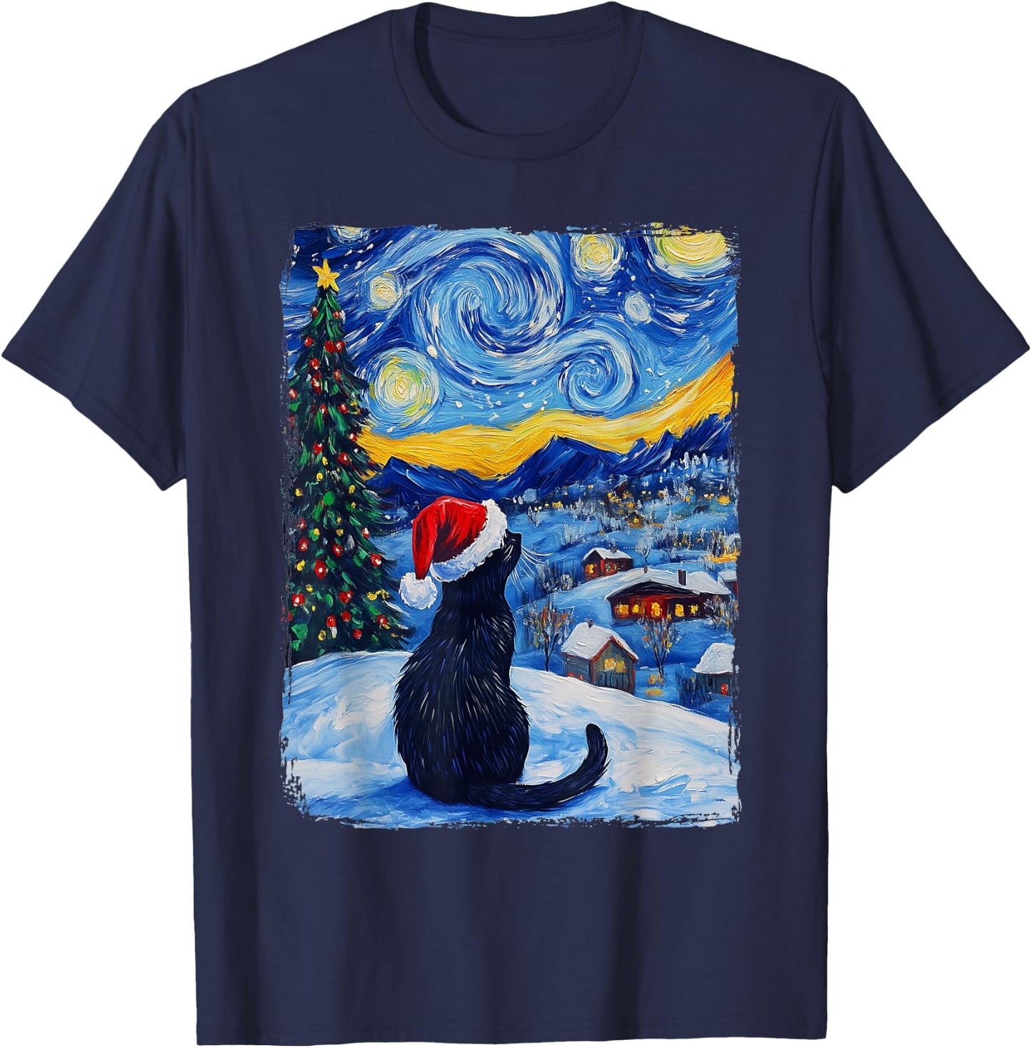 Cat Starry Night Christmas T-Shirt - T-Shirt | Navy