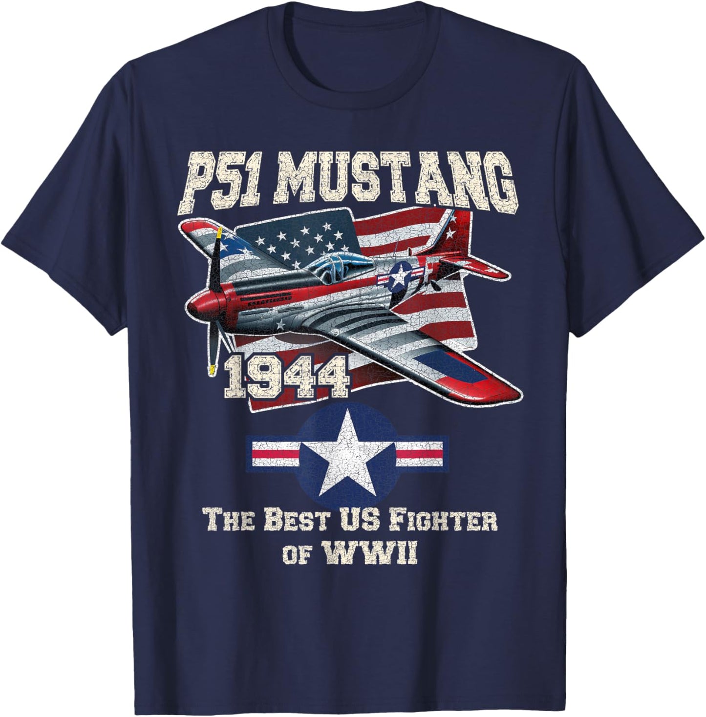 p51 mustang ww2 warbird plane American flag military T-Shirt - T-Shirt | Navy