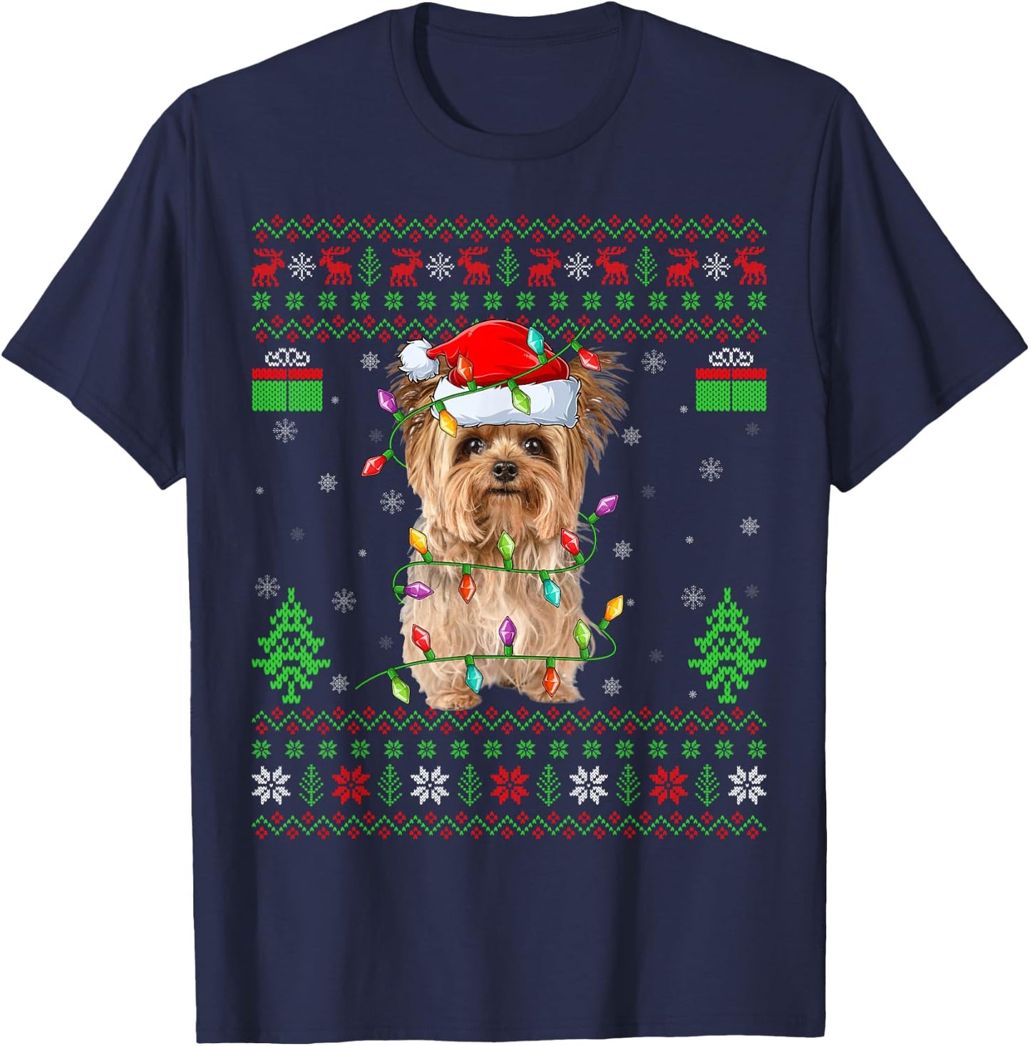 Yorkie Dog Ugly Xmas Lighting Santa Yorkie Dog Christmas T-Shirt - T-Shirt | Navy