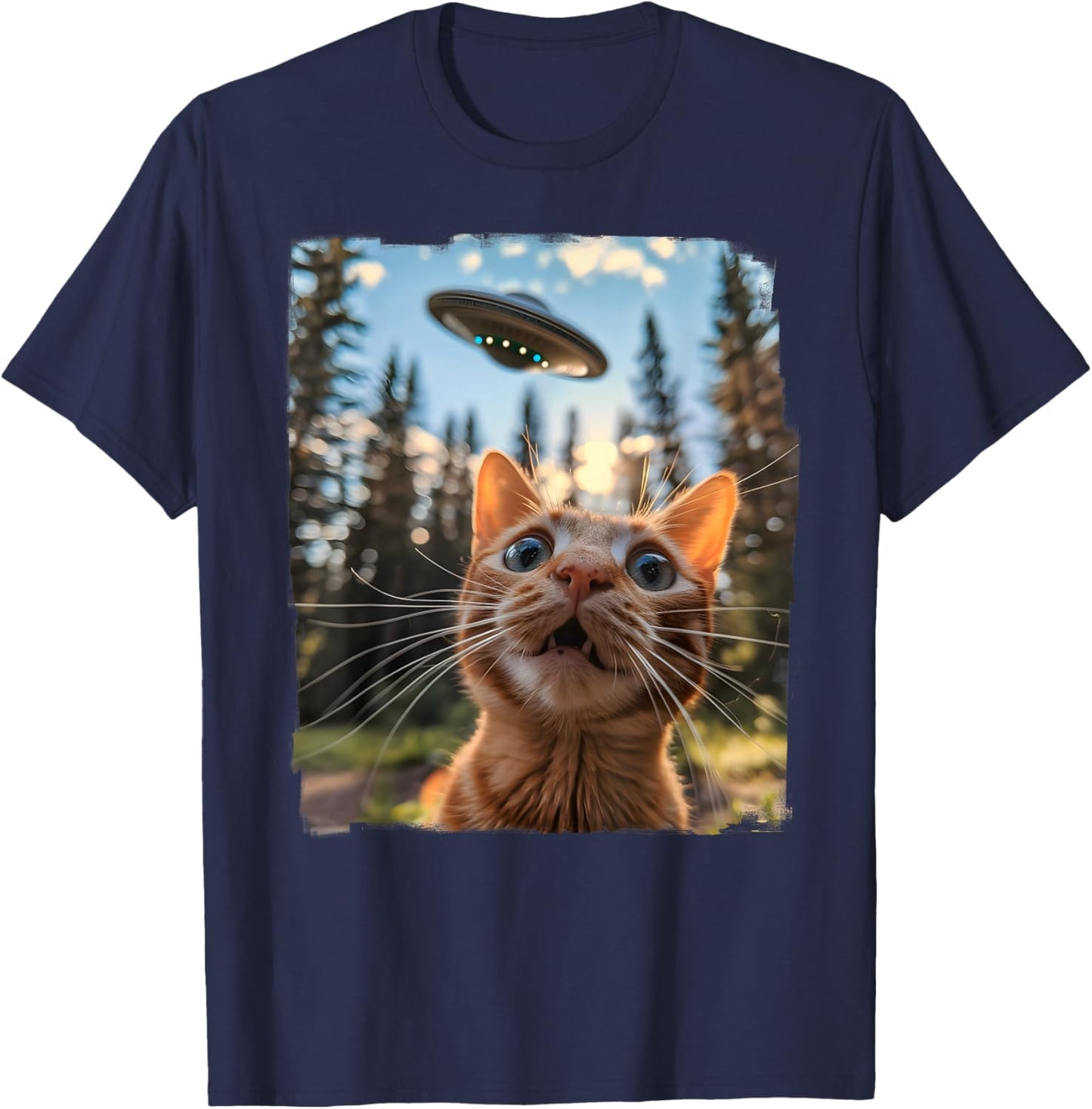 Extraterrestrial Encounter: Cat Selfie with Alien UFO Men Women Kids T-Shirt - T-Shirt | Navy