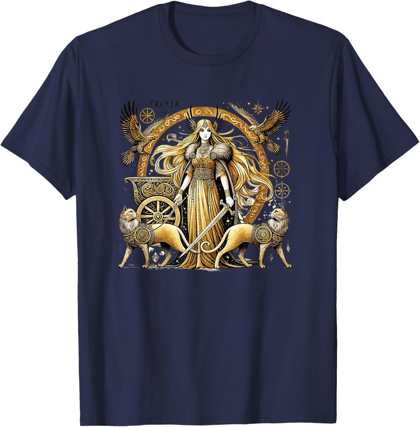 Freyja Norse Goddess of Love and War, Divine Duality, Grace -Adult , Black, Small, Short Sleeve T-Shirt - T-Shirt | Navy