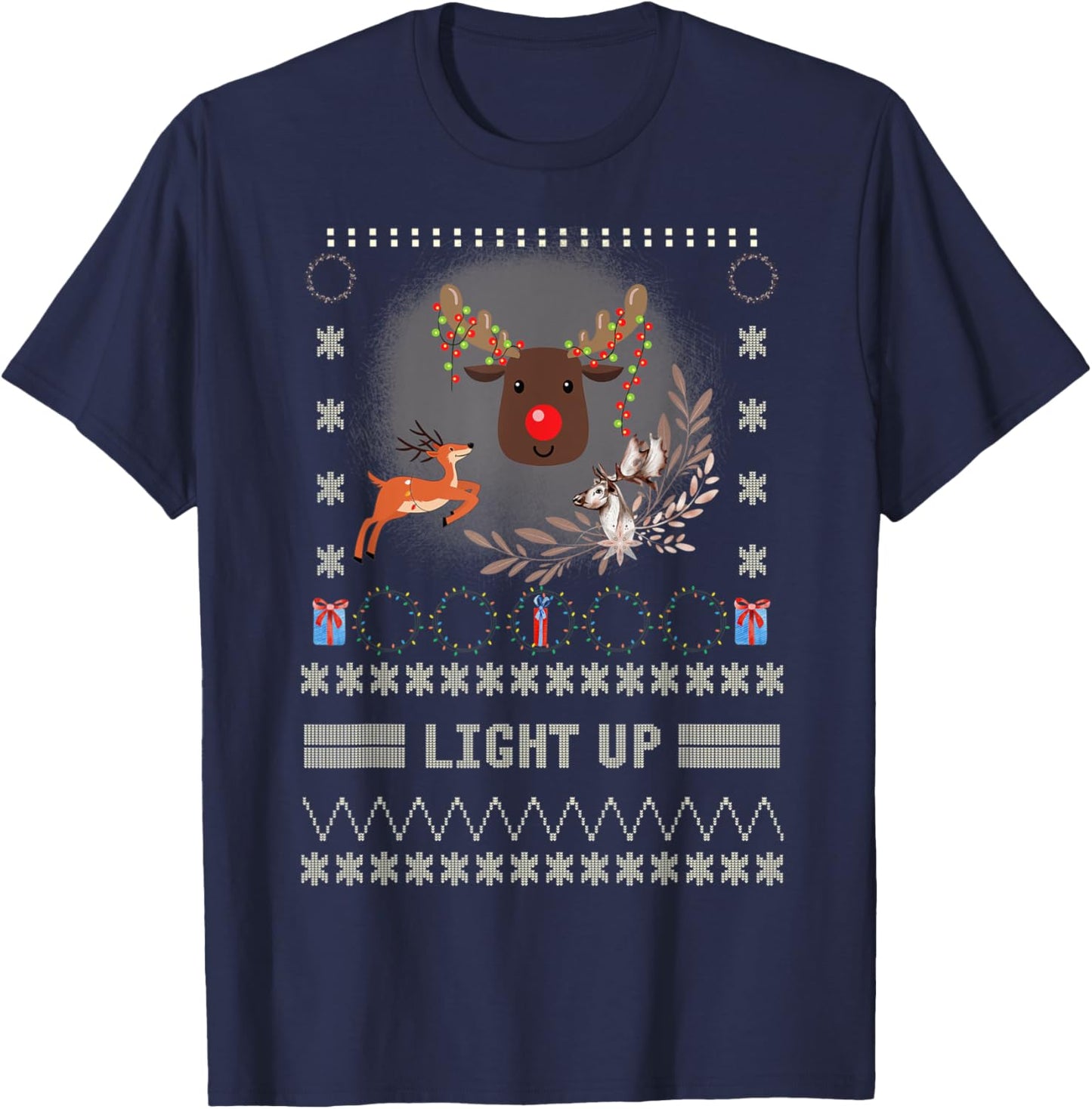 Men Led Light Up Reindeer Ugly Christmas Sweater Holiday T-Shirt - T-Shirt | Navy