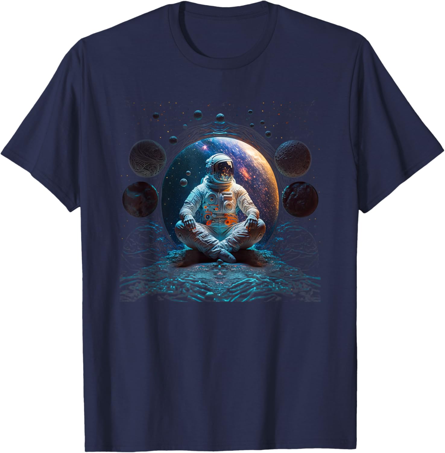 Meditating Astronaut Planets Meditation Astral Travel T-Shirt - T-Shirt | Navy