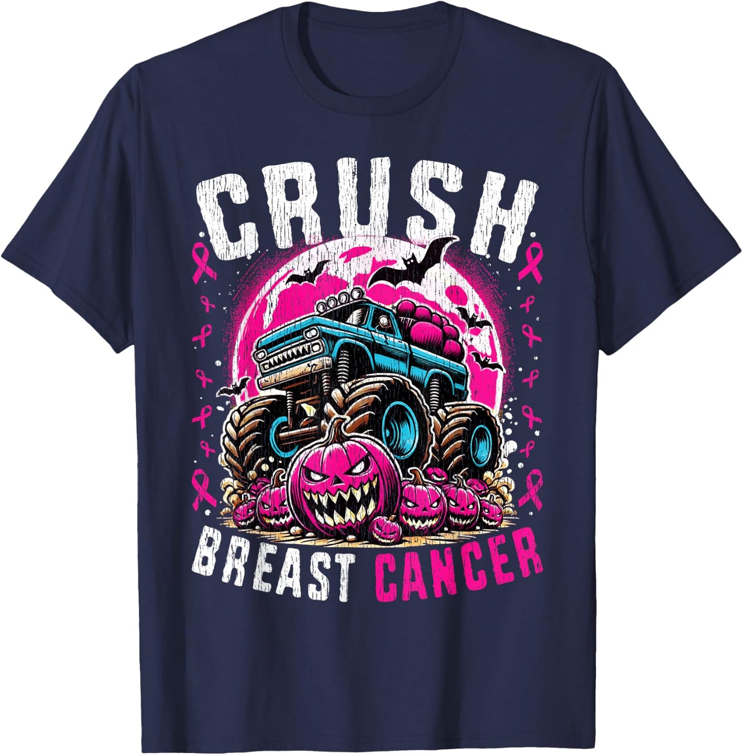 Breast Cancer Awareness Monster Truck Halloween Kids Toddler T-Shirt - T-Shirt | Navy