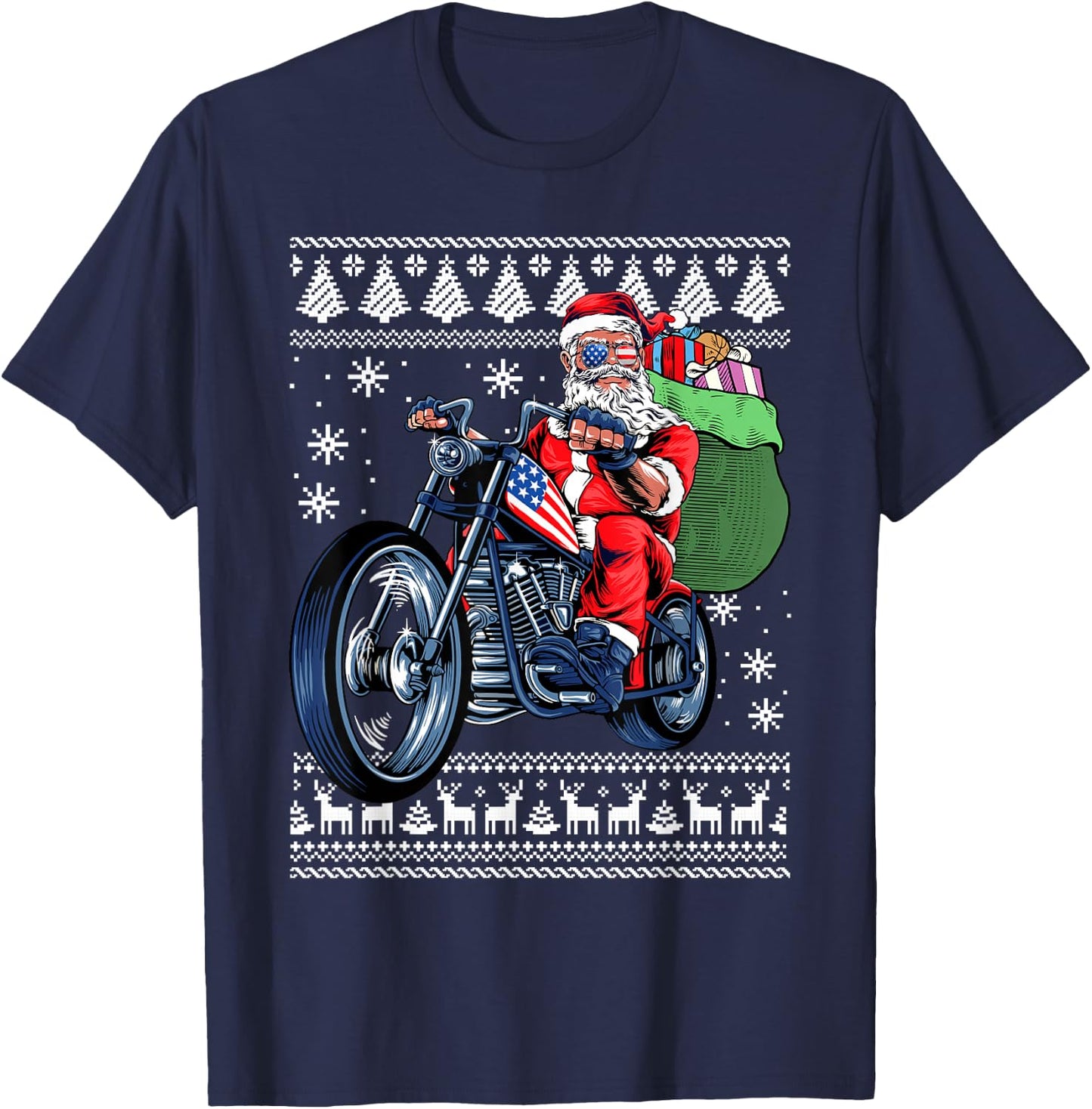 Santa Claus With Motorcycle Xmas Tree Ugly Christmas Sweater T-Shirt - T-Shirt | Navy