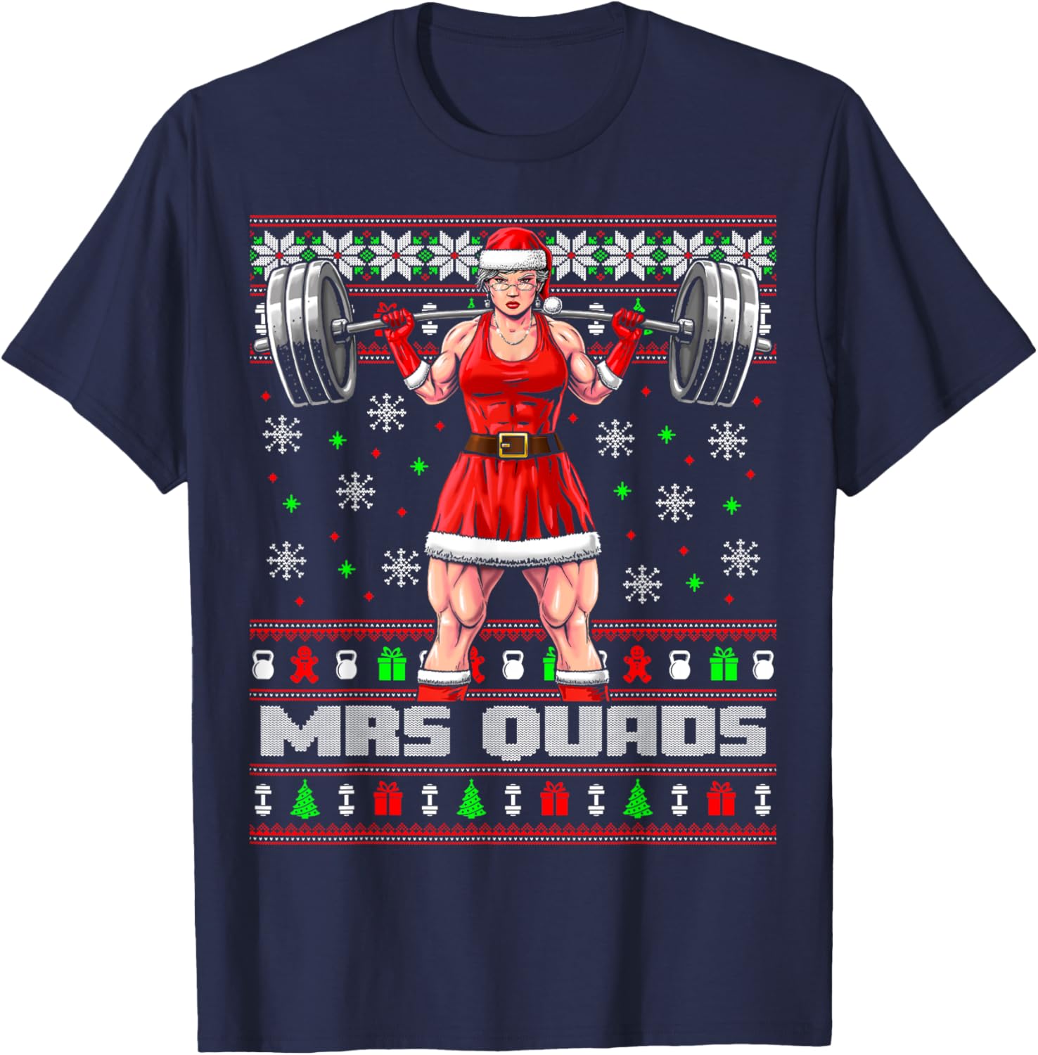 Mrs Quads Funny Christmas Workout Shirt Lifting Gym Sweater T-Shirt - T-Shirt | Navy