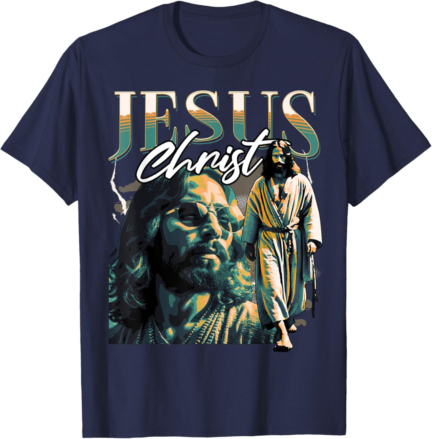 Jesus Christ Meme Retro 90s Bootleg Rap Merch Style T-Shirt - T-Shirt | Navy