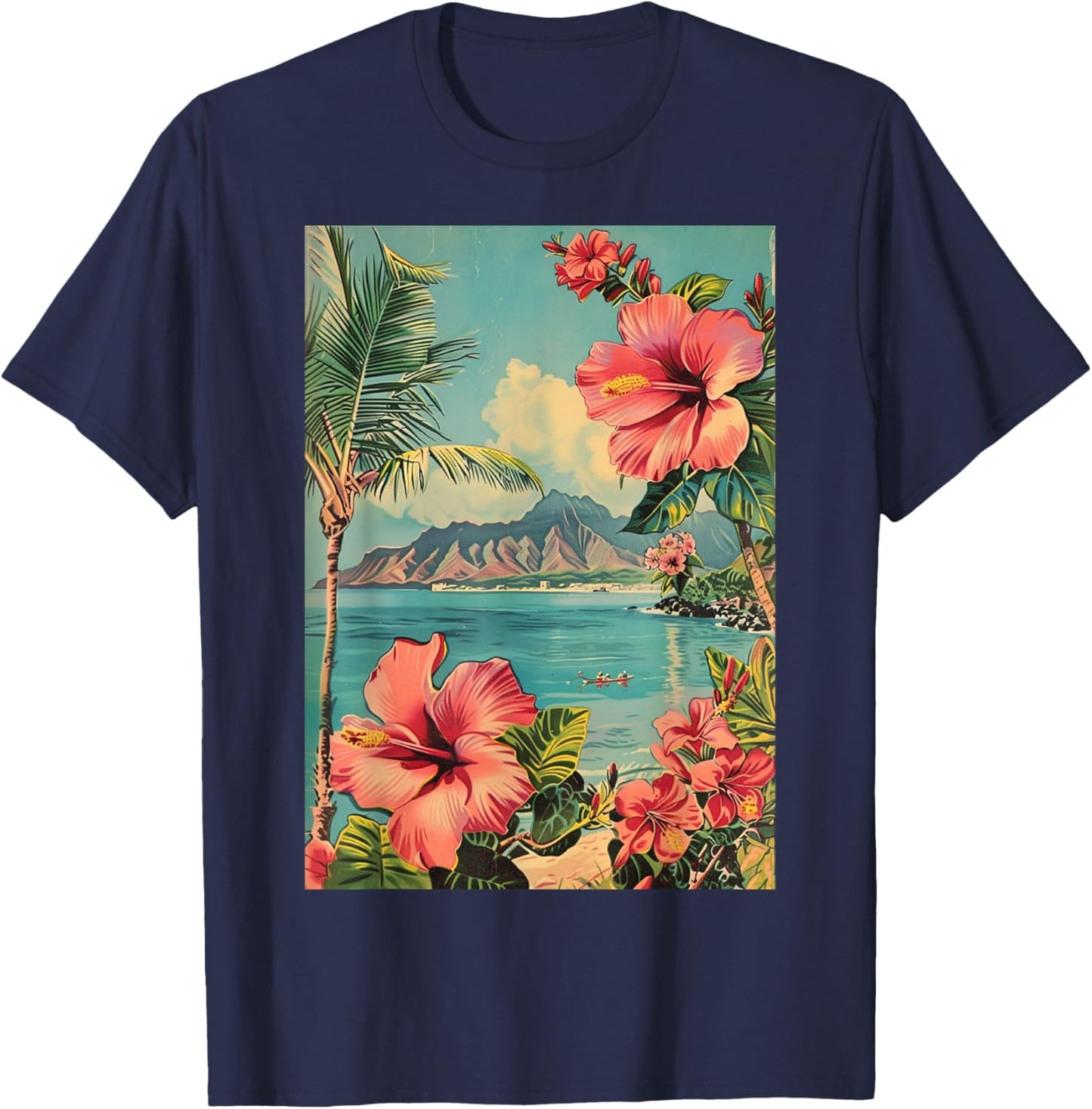 Tropical Kauai Hawaii Flowers Mountain View Art T-Shirt - T-Shirt | Navy