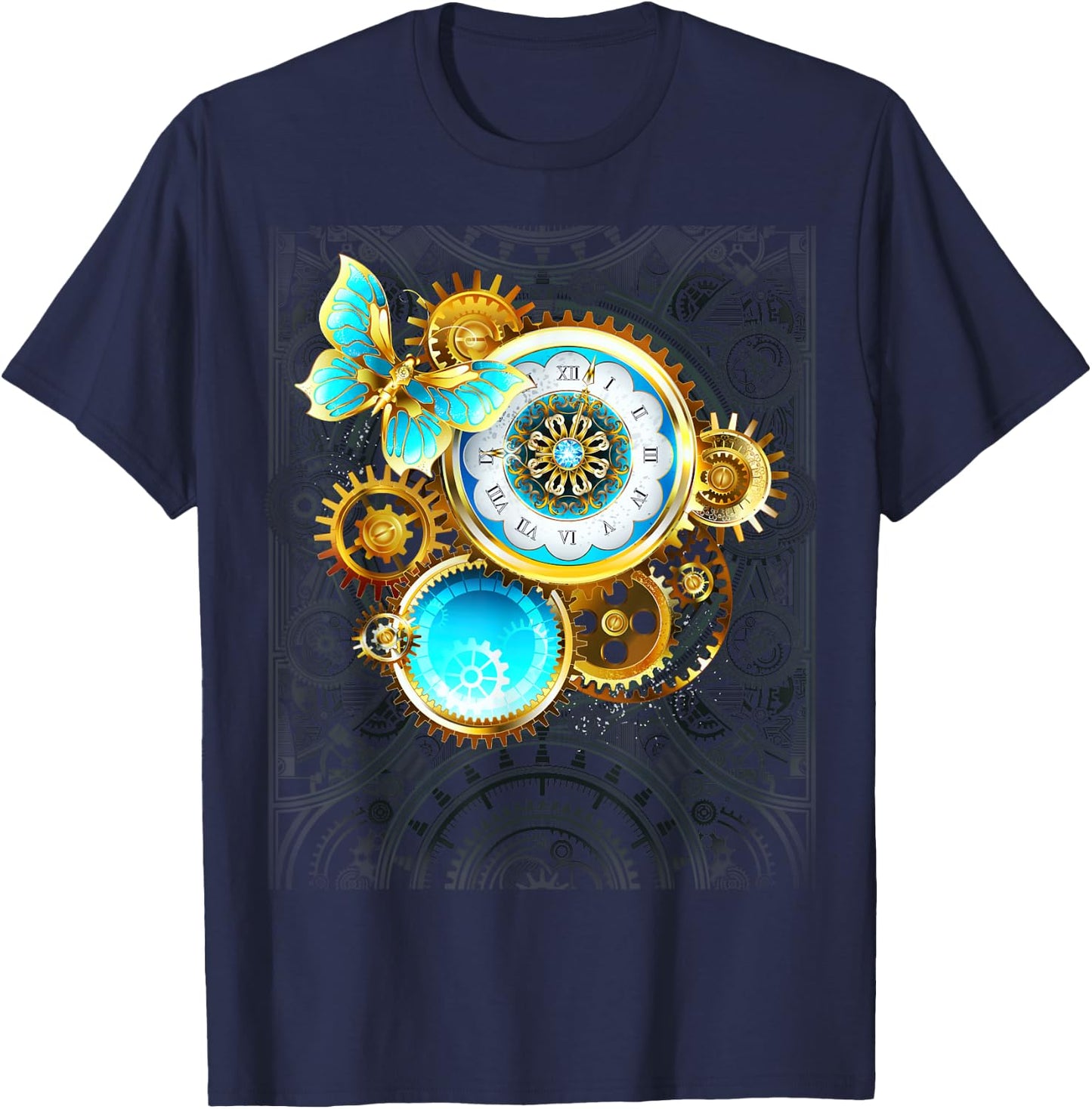 Steampunk Blue Butterfly Vintage Clock Gears Goth Gift Women T-Shirt - T-Shirt | Navy