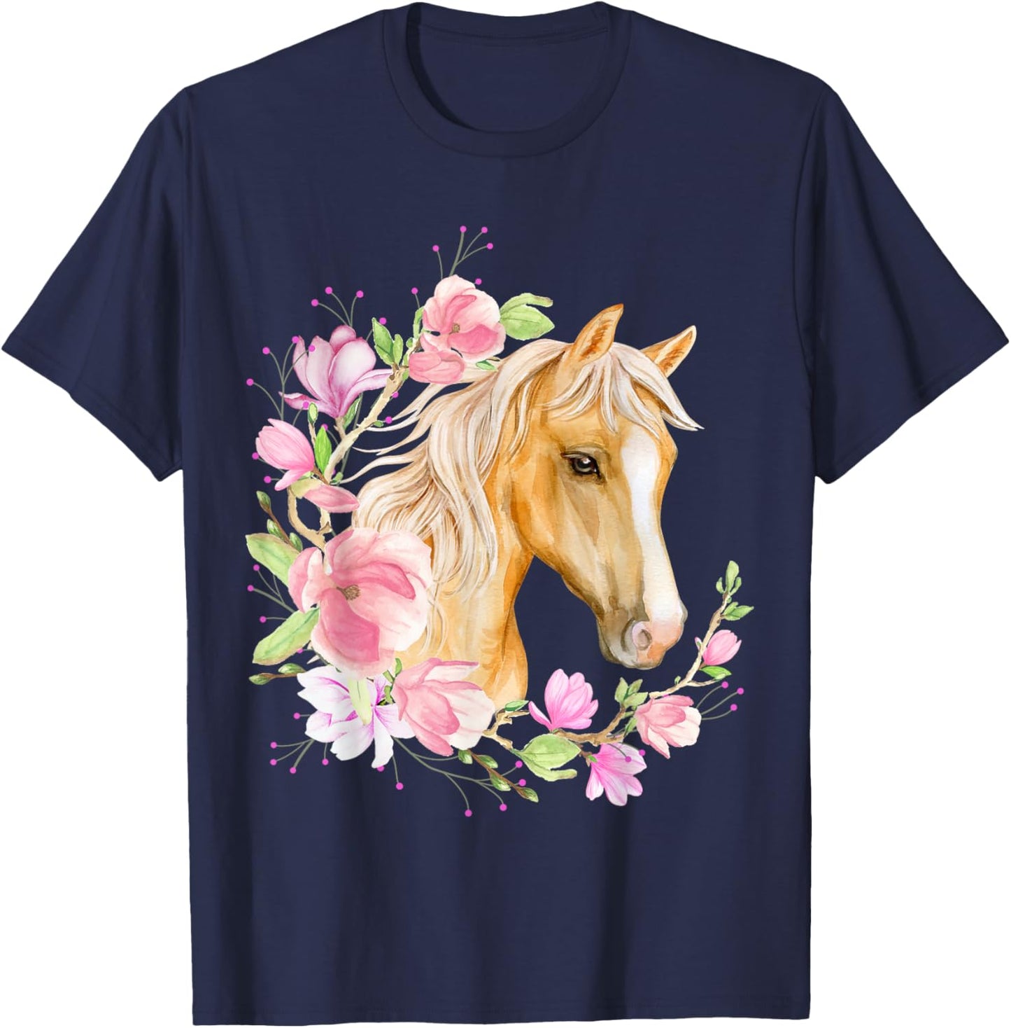 Palomino Horse, Magnolias, Horse Lovers, Blonde Horse Floral T-Shirt - T-Shirt | Navy