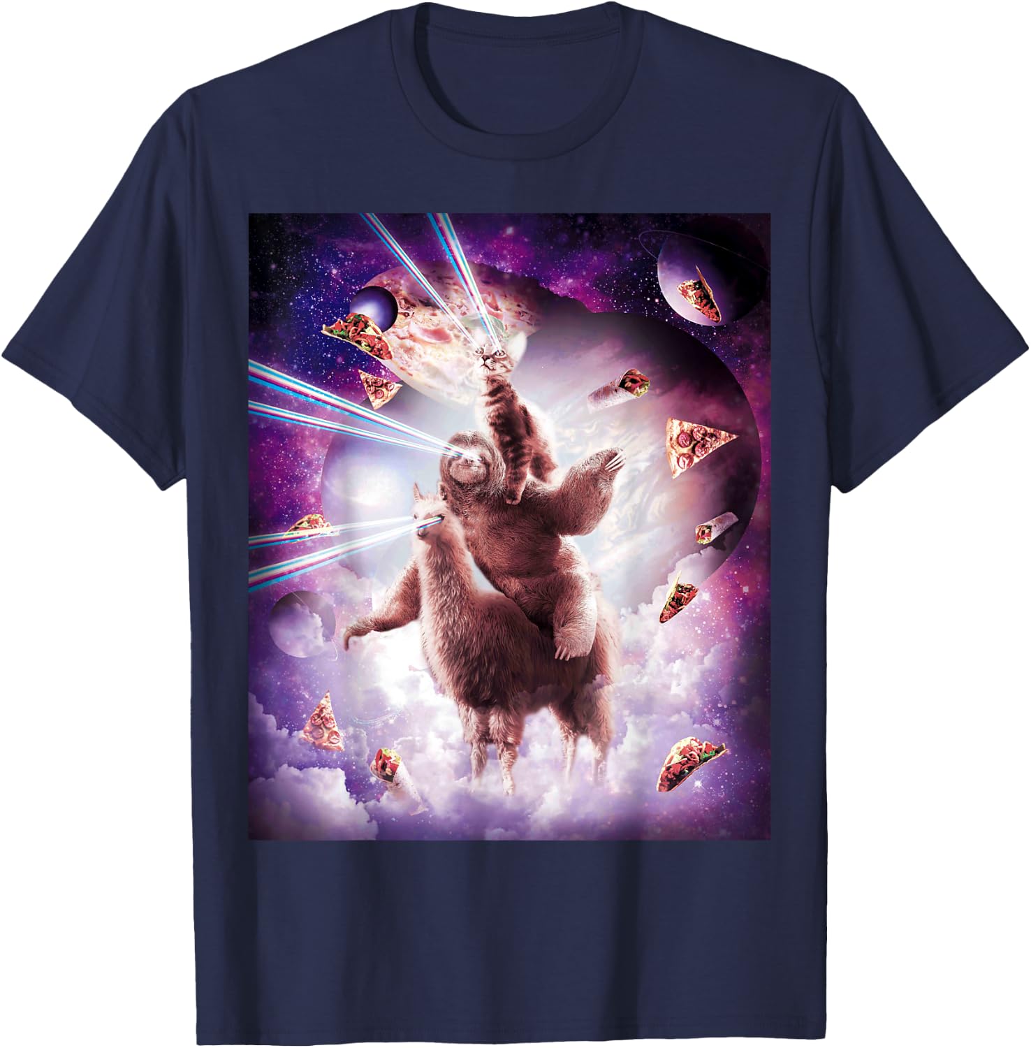 Laser Eyes Space Cat Riding Sloth, Llama - Rainbow T-Shirt - T-Shirt | Navy