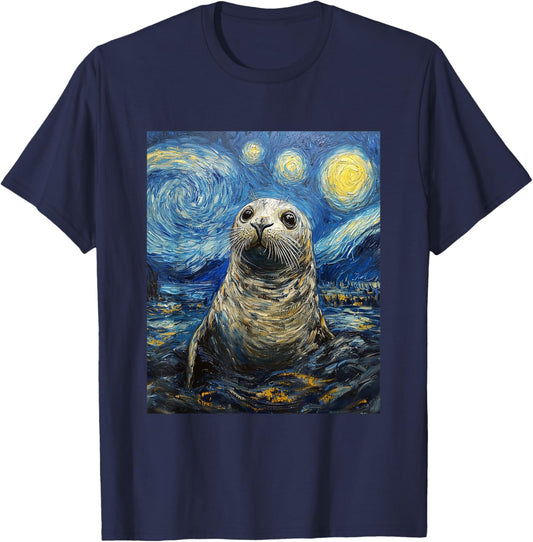 Cute Seal Sea Lion - Van Gogh Style - Starry Night Graphic T-Shirt - T-Shirt | Navy