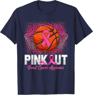 Pink Out Breast Cancer Awareness Basketball Leopard Bleached T-Shirt - T-Shirt | Navy