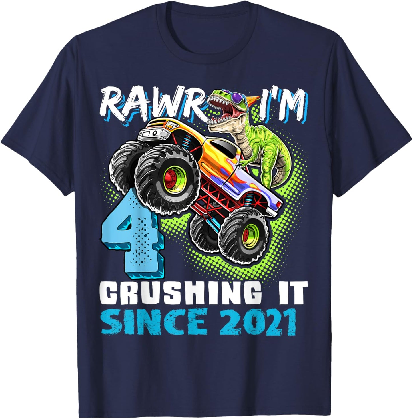 4th Birthday Monster Truck Dinosaur Party Boys Rawr I'm 4 T-Shirt - T-Shirt | Navy