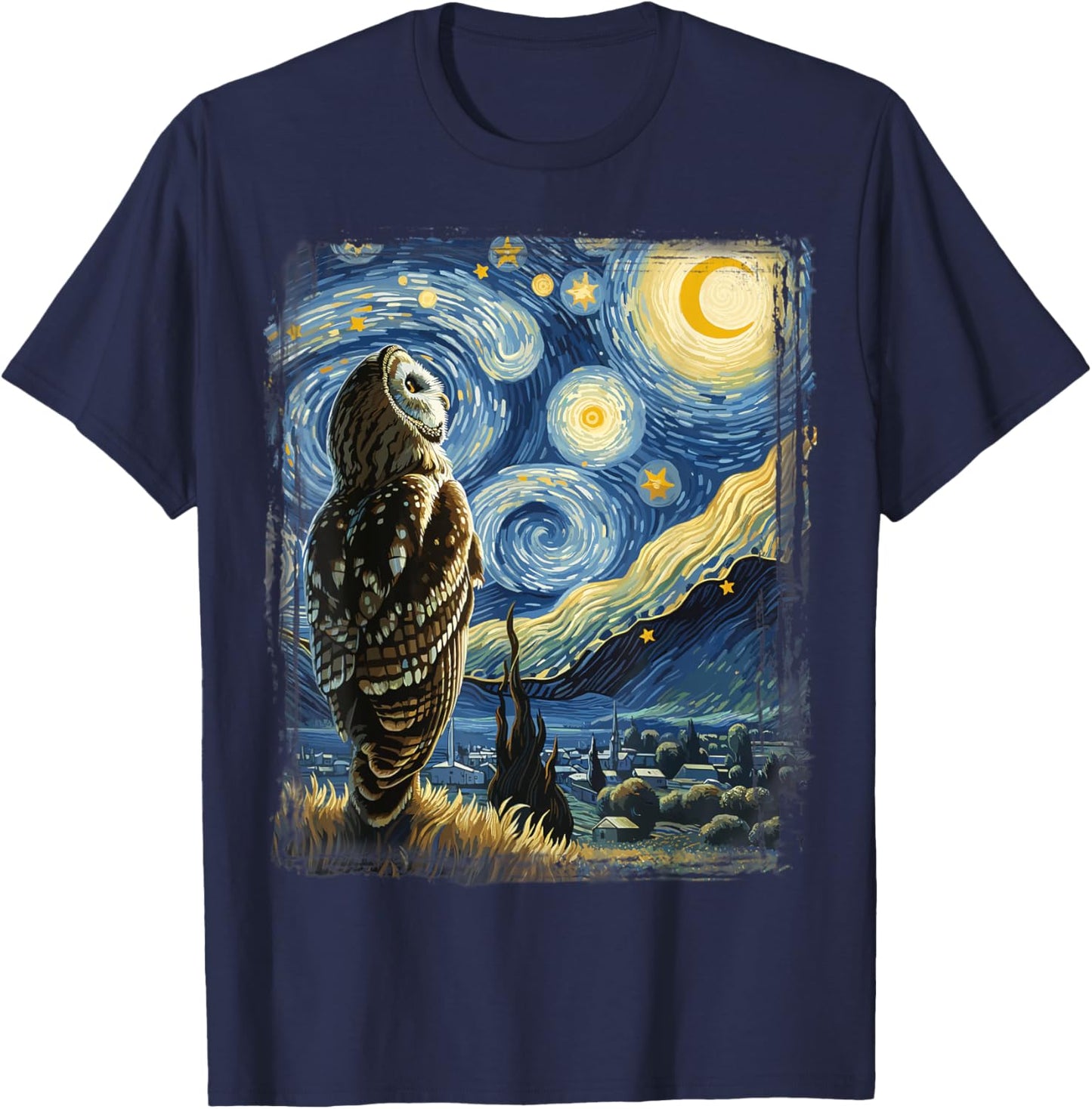 Owl Star Gazer - Artistic Van Gogh Style Starry Night Owl T-Shirt - T-Shirt | Navy
